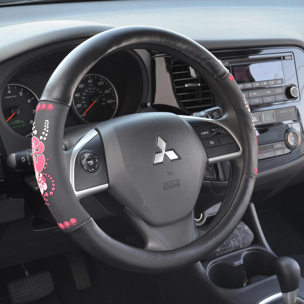 BDK Red Hawaiian Car Steering Wheel Cover - Durable Rubber Backing Protects Steering Wheel (Red Hawaiian Hibiscus)