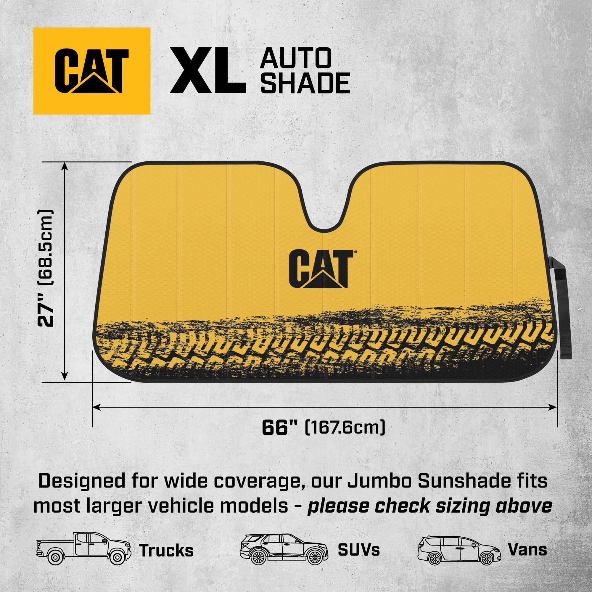 CAT Auto Shade for Cars & Trucks – Jumbo 65"x27" Accordion Folding Sunshade with Bold Yellow Tire Tracks Design – Heavy-Duty Windshield Cover for Maximum UV Protection & Interior Cooling