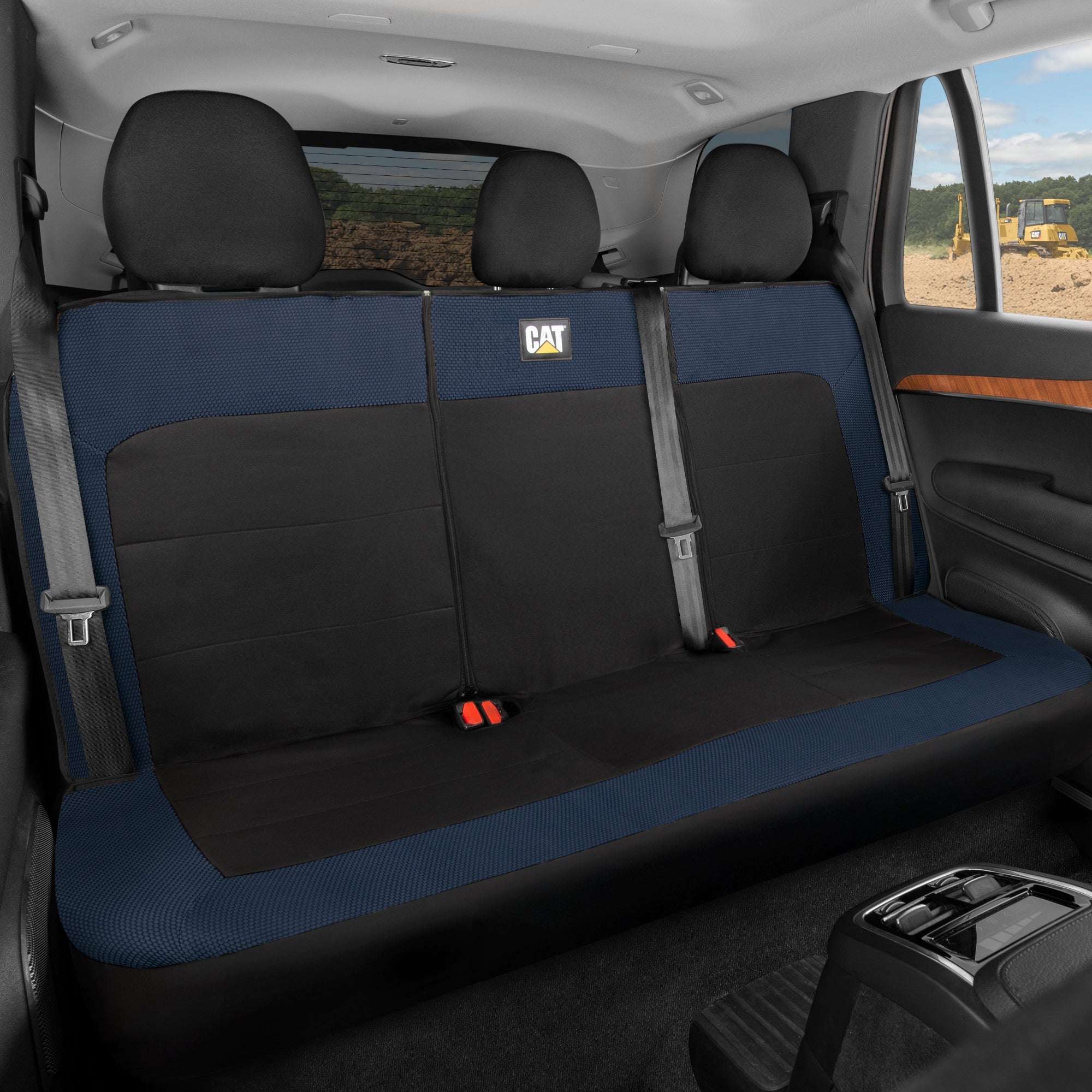 Cat Flexfit Blue & Black Rear Seat Cover for Car – Durable Canvas & Mesh Design 60/40 Split Bench Protector for Cars, Trucks & SUVs – Back Seat Cover for Rear Bench – Interior Car Accessory