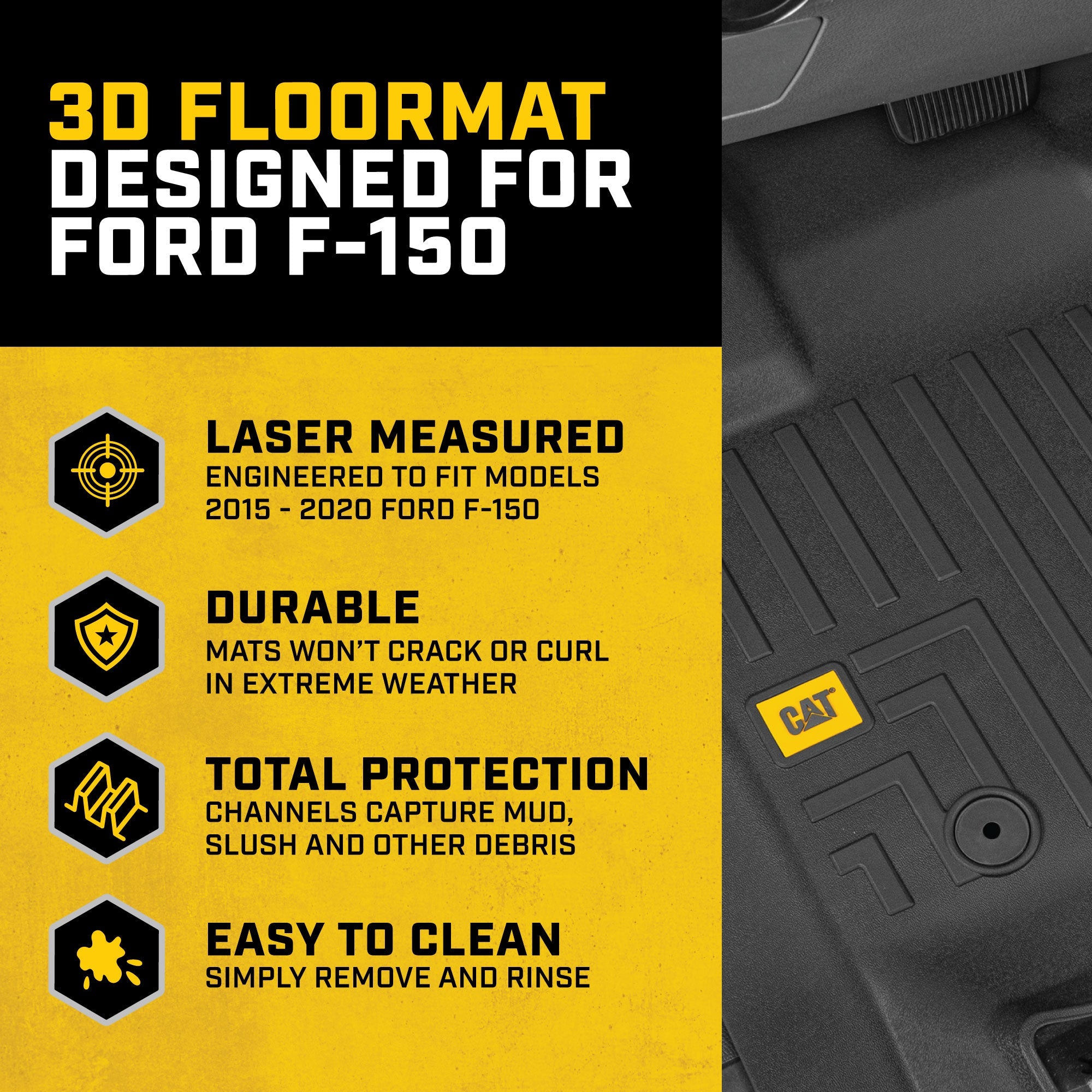 CAT 3-Piece Contour Custom Fit Front Floor Liners and Rear Trunk/Cargo Liner for Ford F-150 SuperCrew Cab (2015 - 2022)