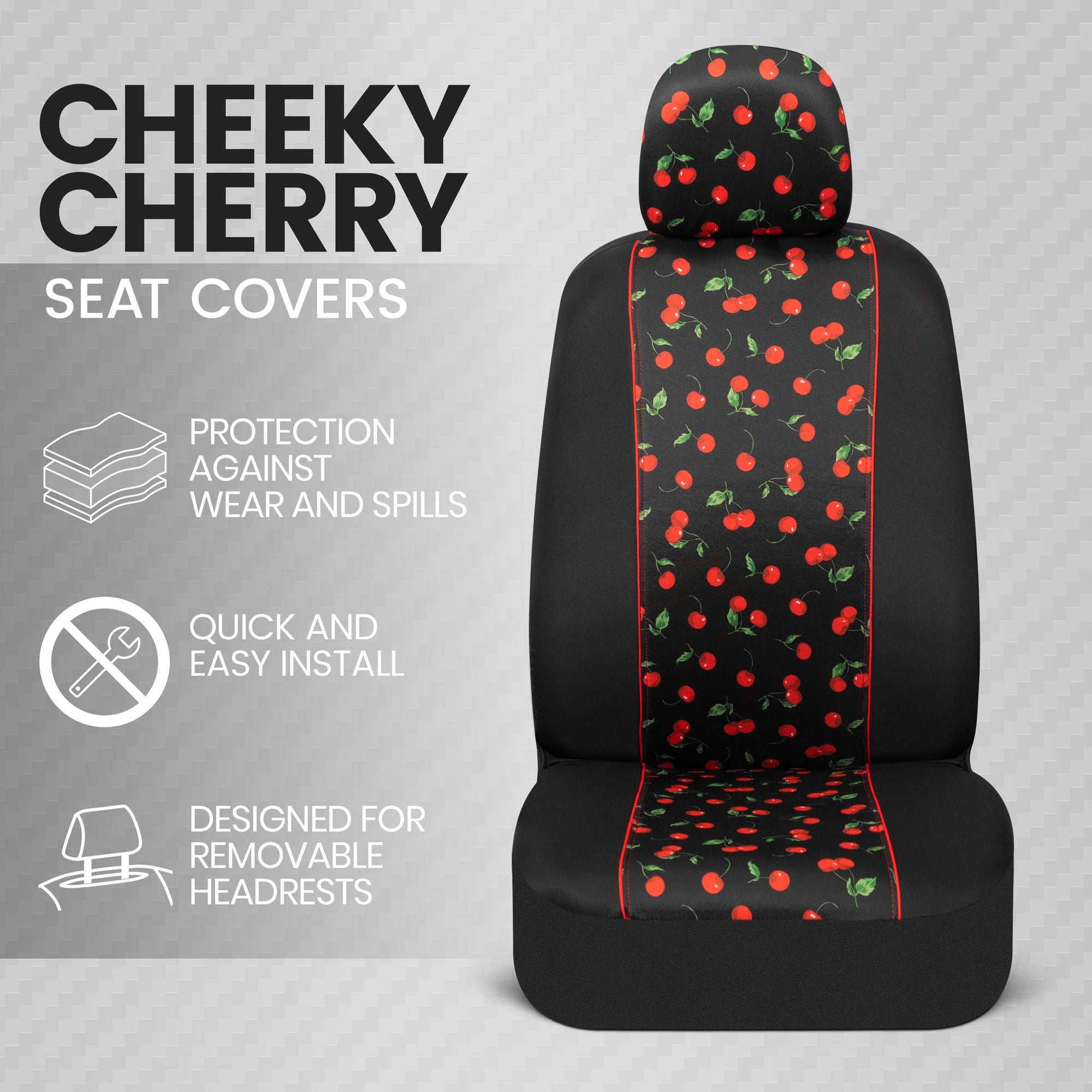 BDK Red Cherry Car Seat Covers for Front Seats, 2 Pack – Classic Pattern Front Seat Cover Set with Matching Headrest, Sideless Design for Easy Installation, Fits Most Car Truck Van and SUV