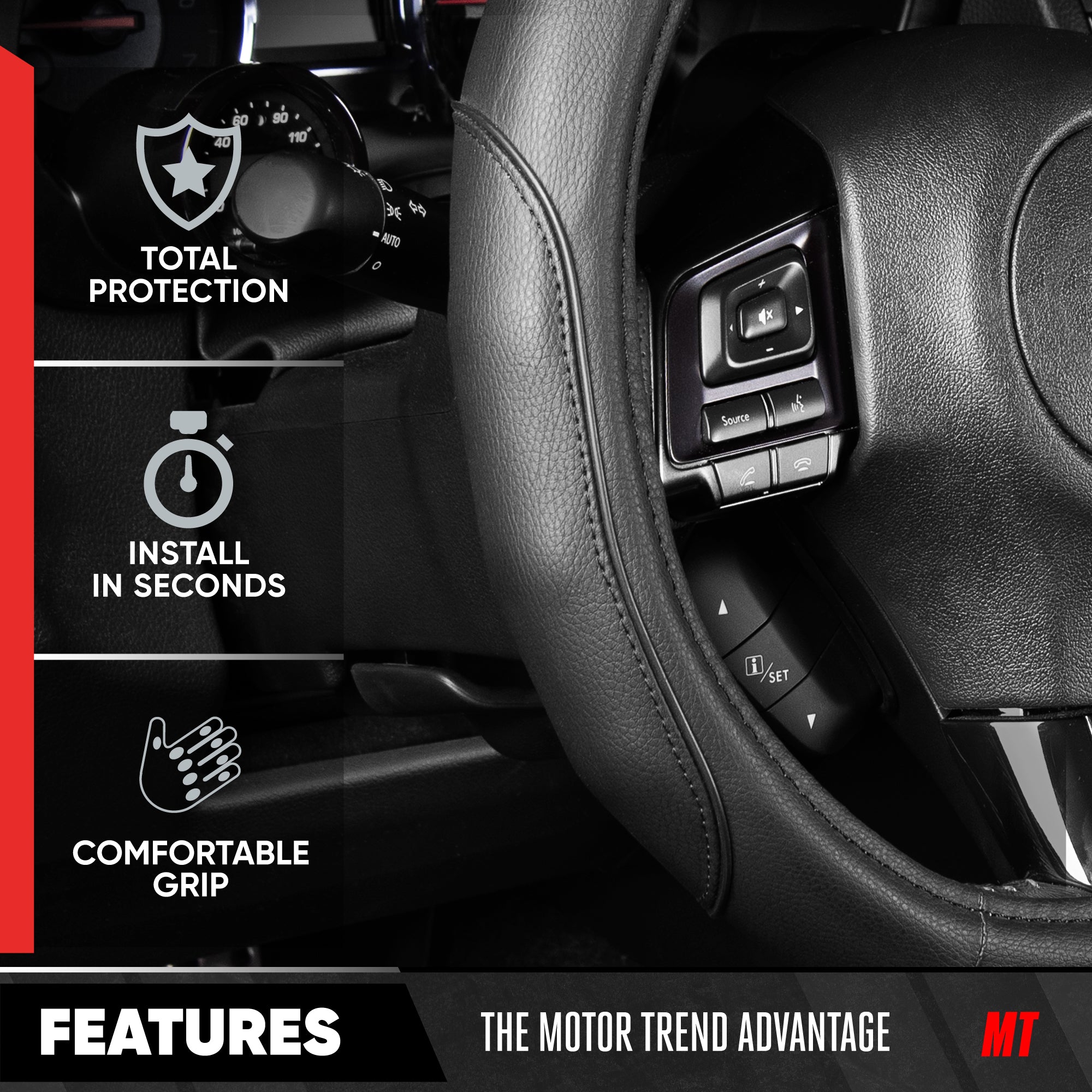 MotorTrend Stealth D-Shaped Steering Wheel Cover (Fits 14.5" - 15.5")