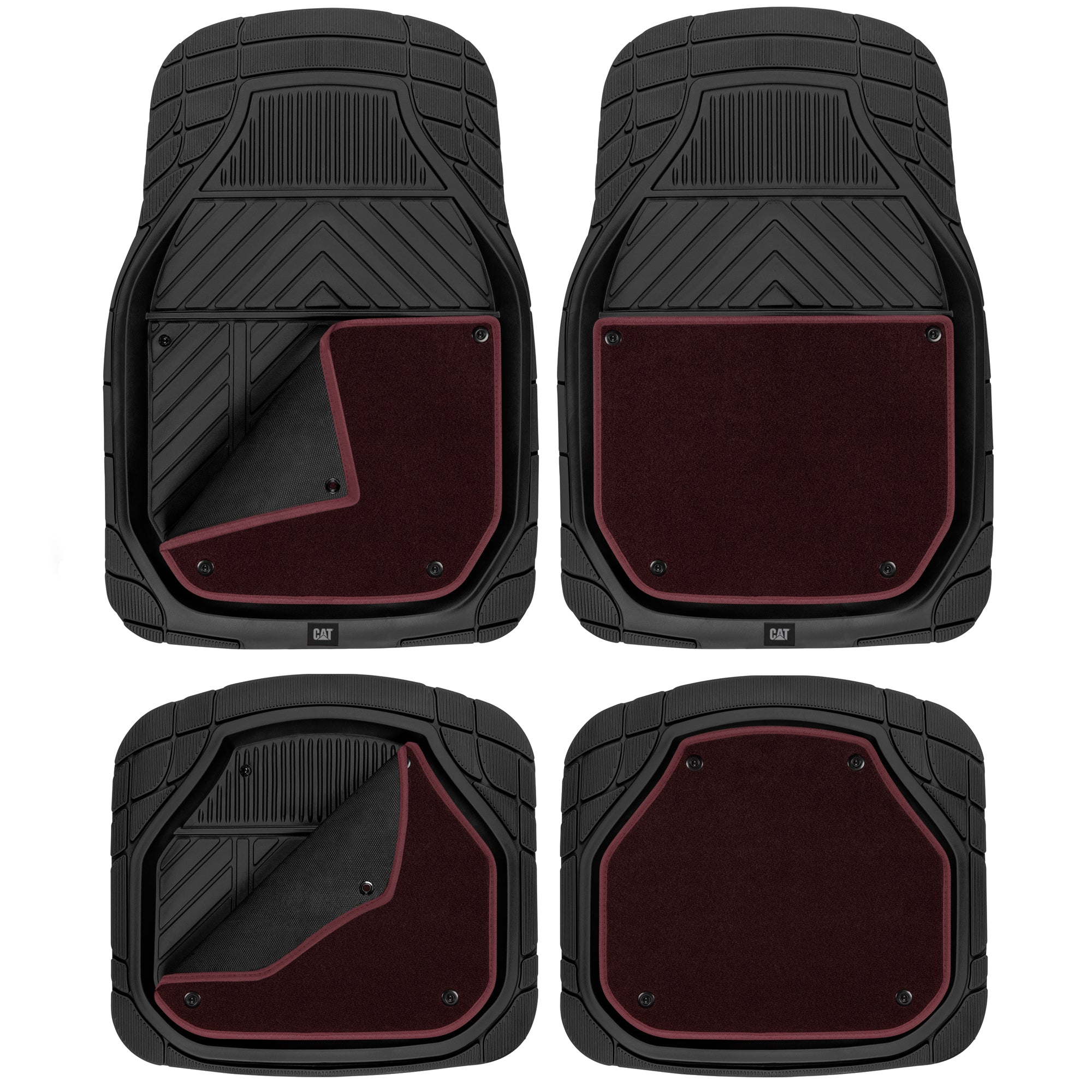 Cat® Detachable Deep Dish Car Floor Mats for Auto Rubber w/ Removable Carpet Liner - Easy-Clean Automotive Floor Liners Heavy Duty All Weather Set - Black and Burgundy