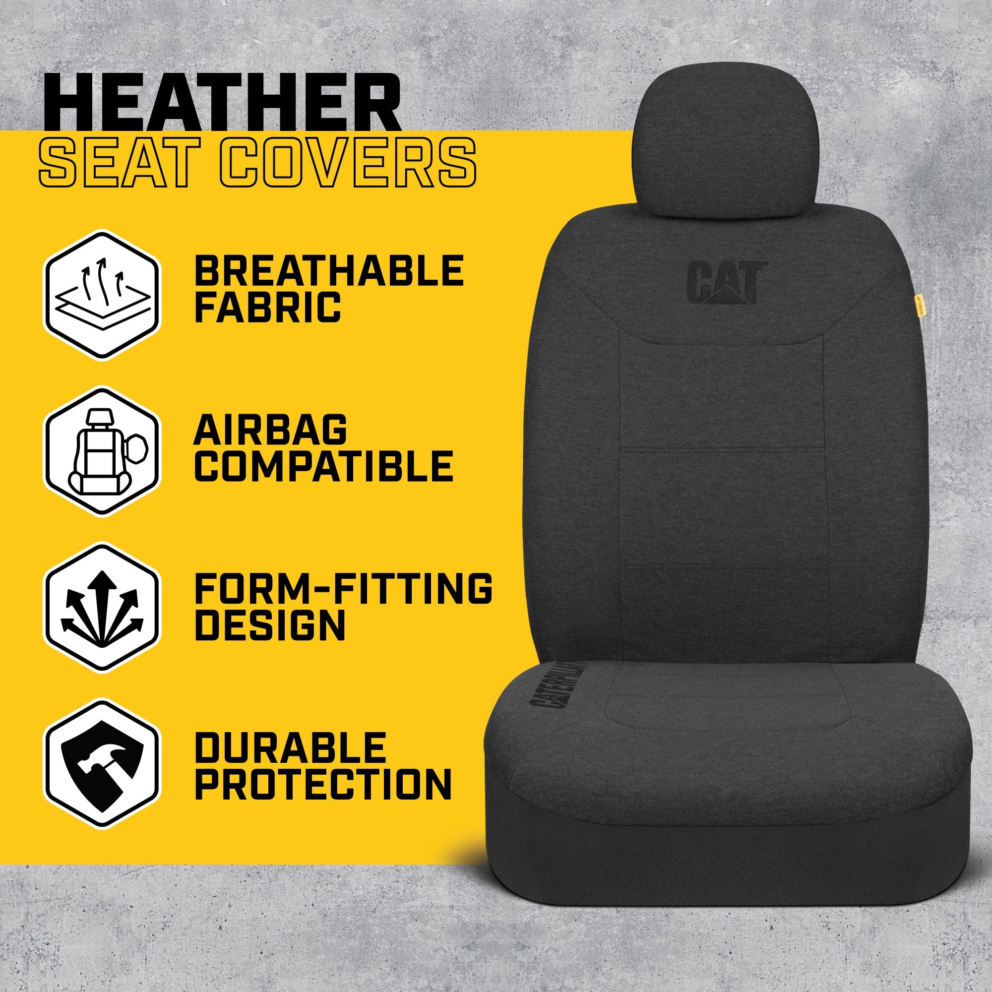 Cat® CozyBlend™ JerseyHeather Car Seat Covers Charcoal Gray Heather - Premium Jersey Fabric - Breathable Cotton Blend for Trucks SUV Automotive 2pc Front Set - Charcoal Gray Heather