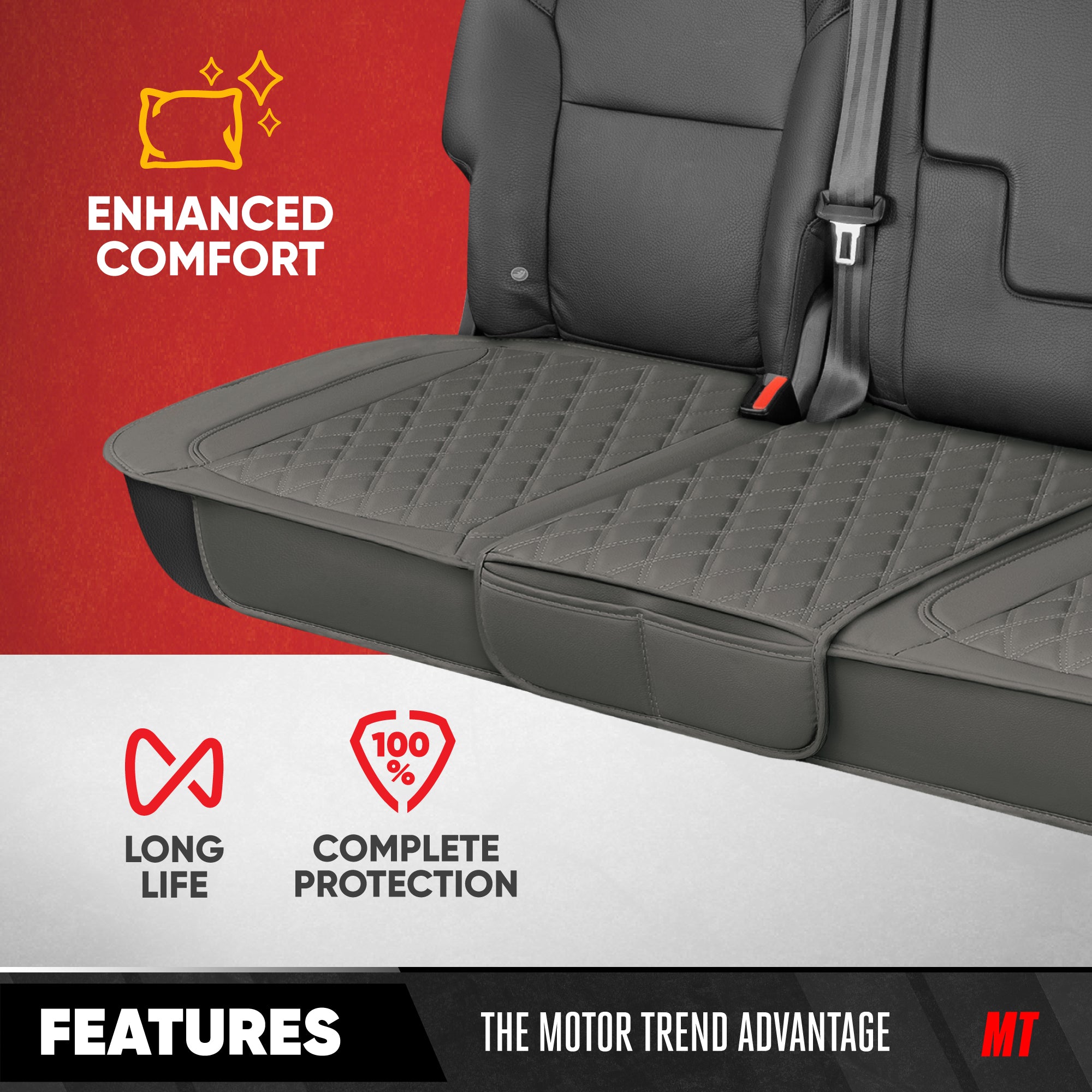 MotorTrend 3-Piece Diamond Stitched Padded Rear Seat Covers with Storage Pockets - Gray