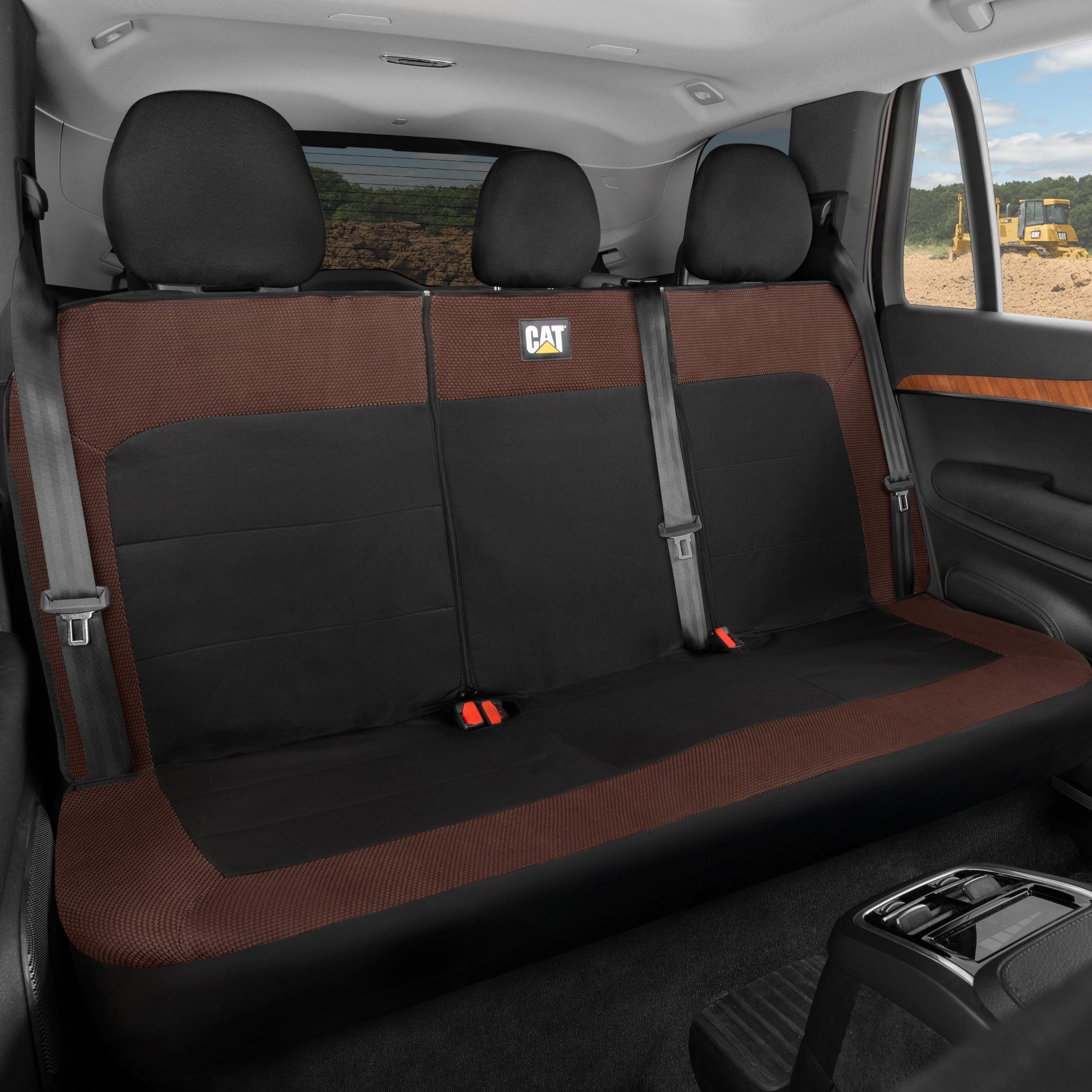 Cat Flexfit Brown & Black Rear Seat Cover for Car – Durable Canvas & Mesh Design 60/40 Split Bench Protector for Cars, Trucks & SUVs – Back Seat Cover for Rear Bench – Interior Car Accessory