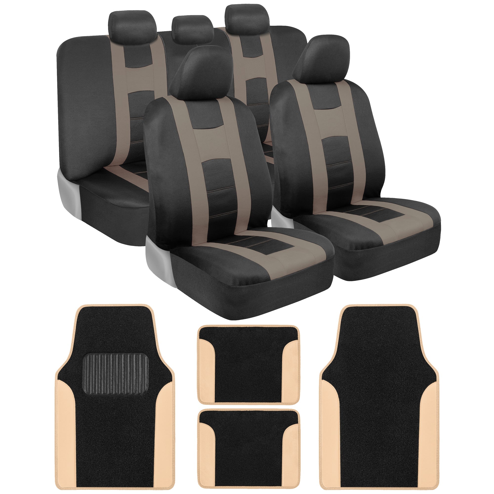 carXS Forza Series Red Seat Covers Full Set Combo with Car Floor Mats – Front and Rear Bench Seat Cover & Floor Mat Protector Set, Interior Covers for Auto Truck Van SUV - Beige