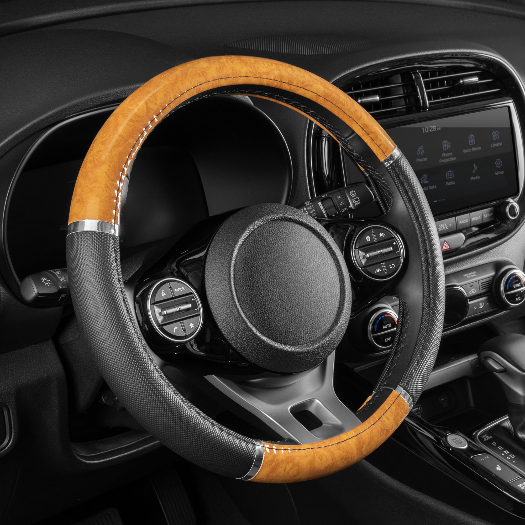 BDK Two-Tone Chrome Wood Grain Steering Wheel Cover (Fits 14.5" - 15.5")