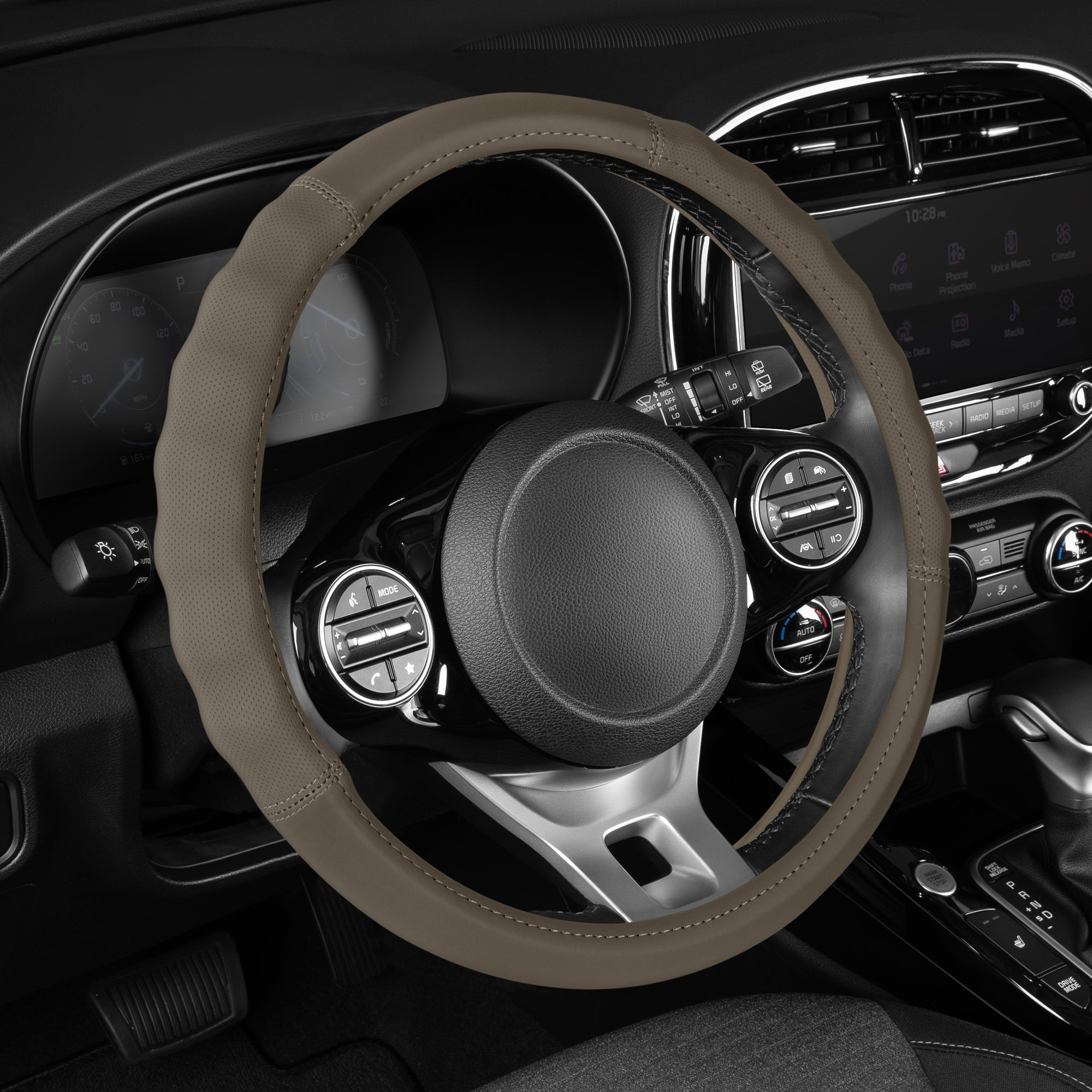 Soft Touch Leather Gray Steering Wheel Cover with Grooves, Advanced Traction Universal Fit for Standard Sizes 14.5 15 15.5 inches