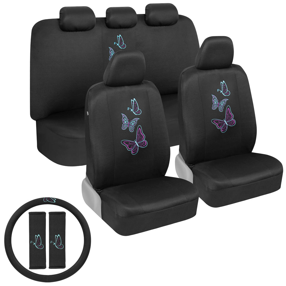 BDK 12-Piece Neon Butterflies Front Seat Covers, Rear Seat Covers, Seat Belt Pads, Steering Wheel Cover (Fits 14.5" - 15.5")