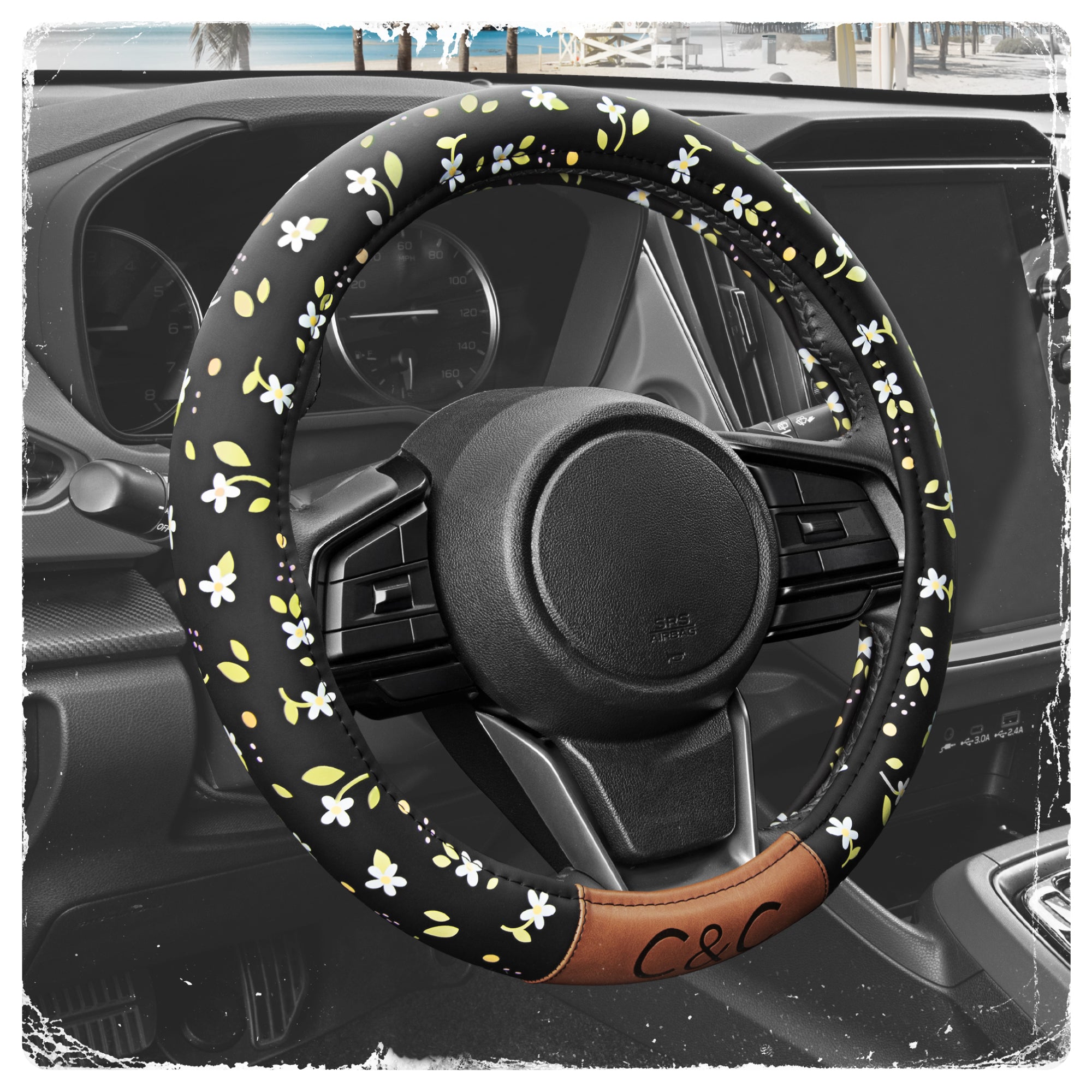 C&C California Car Steering Wheel Cover Floral Daisy Flowers, Non Slip Black Leather Steering Wheel Cover for Women Men, Cute Comfortable Soft Easy Installation Universal Fit (Fits 14.5"-15.5" Inches)