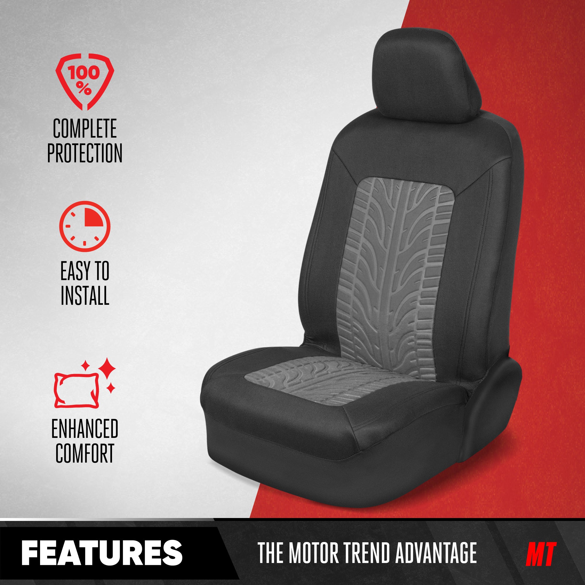 MotorTrend GrandPrix Tire Embossed Front Seat Covers and Rear Seat Covers - Gray