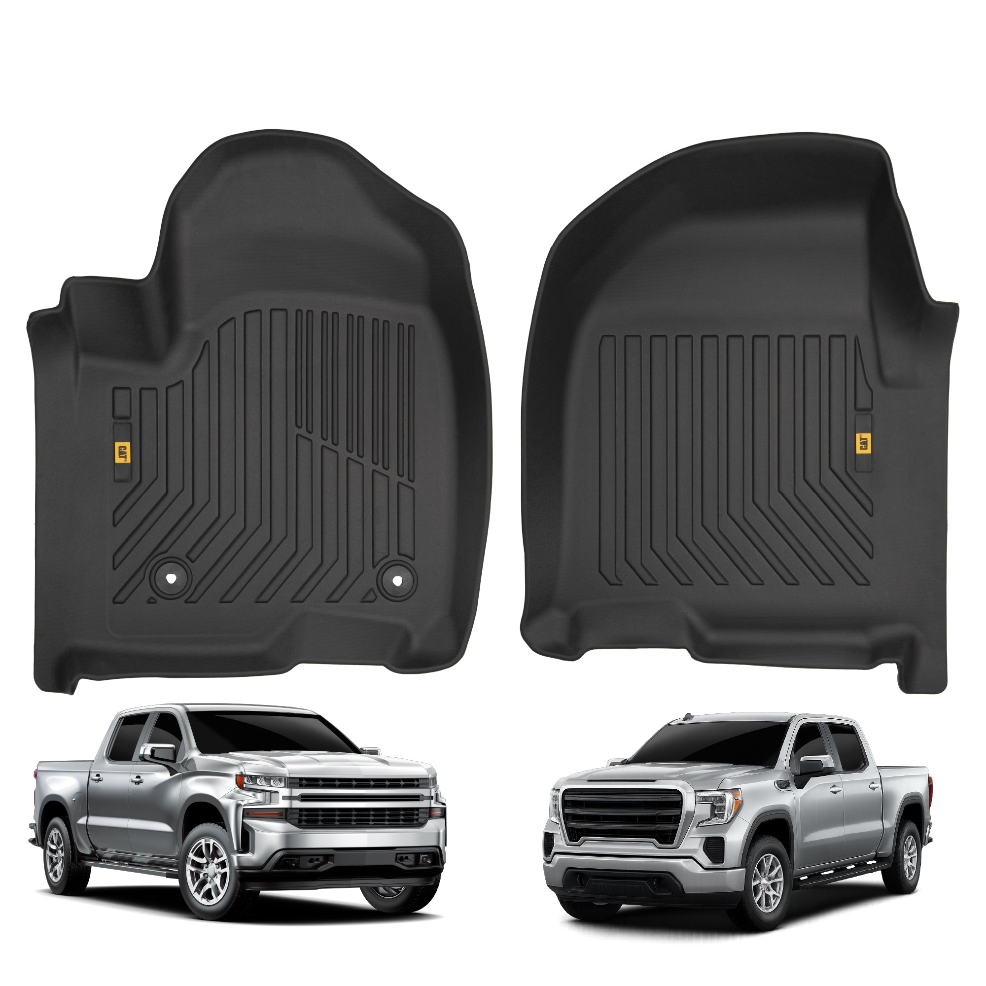 CAT® JustFit™ 3D Custom Fit Floor Mats for Chevrolet Silverado 1500 2019–2024, GMC Sierra 1500 2019–2024, Chevy Silverado 2500HD/3500HD Crew Cab 2020–2024, GMC Sierra 2500HD/3500HD Crew Cab 2020–2024 Heavy Duty Floor Liner Protection Laser Measured
