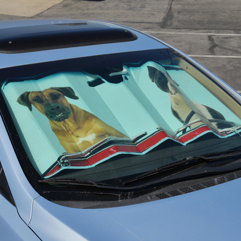BDK 2 Dogs Driving - Car Windshield Sunshade for Coupe Sedan Truck SUV - Folding Sun Shade for Front Window Sun Visor Heat Protection Sunscreen Blocks UV Rays Keeps Vehicle Cool 58x27in