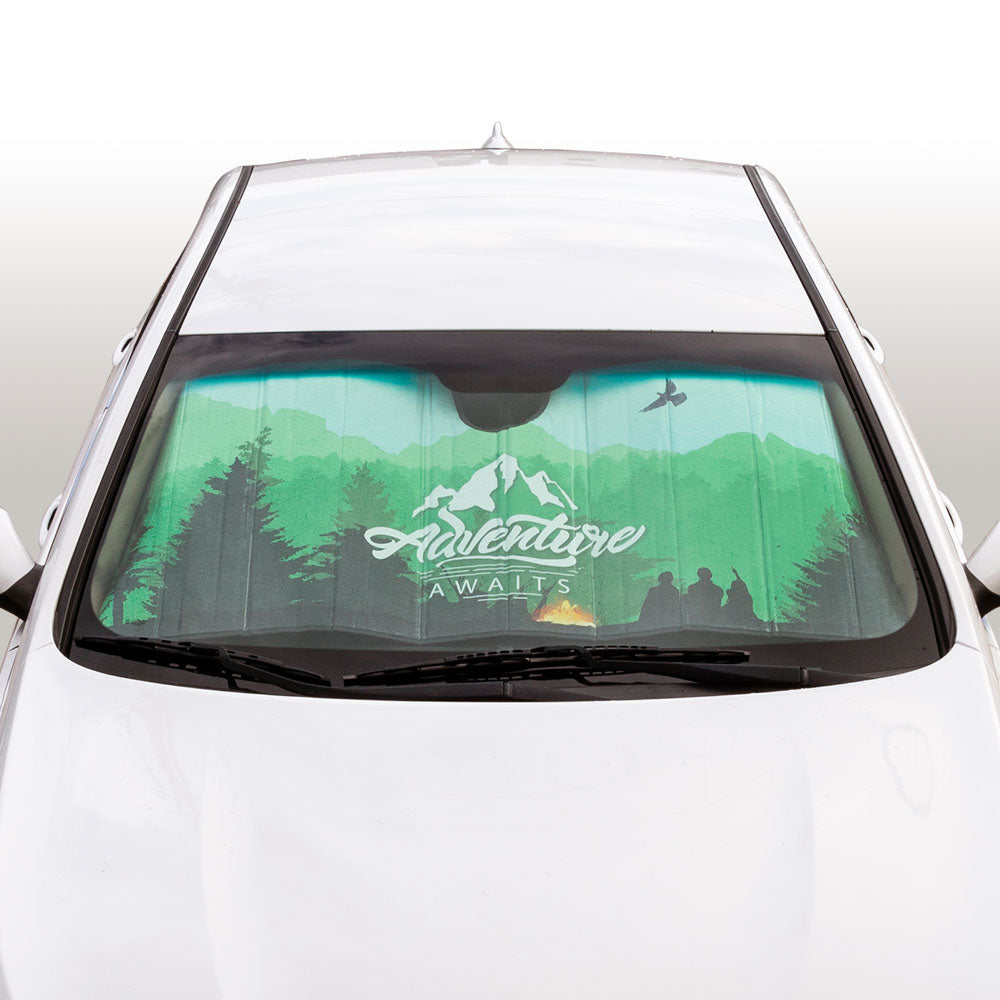 BDK AS-782 Outdoors-Adventure Awaits-Front Windshield Shade-Accordion Folding Auto Sunshade for Car Truck SUV-Blocks UV Rays Sun Visor Protector-Keeps Your Vehicle Cool-58 x 27 Inch