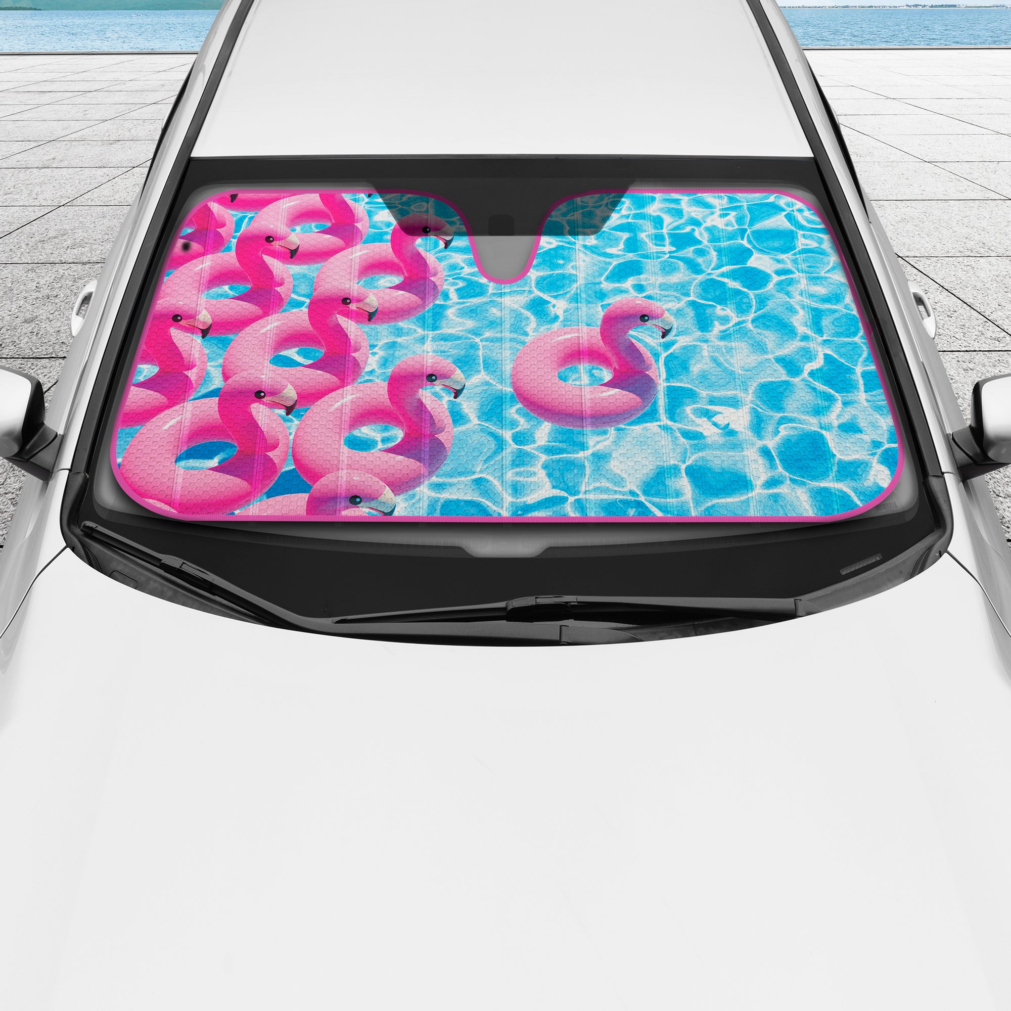 BDK Pink Flamingo Windshield Sunshade for Car Truck & SUV - Folding Car Sun Shade for Front Window, Auto Sun Visor Heat Protection, Car Sunscreen Blocks UV Rays and Keeps Vehicle Cool (58 x 27 Inch)