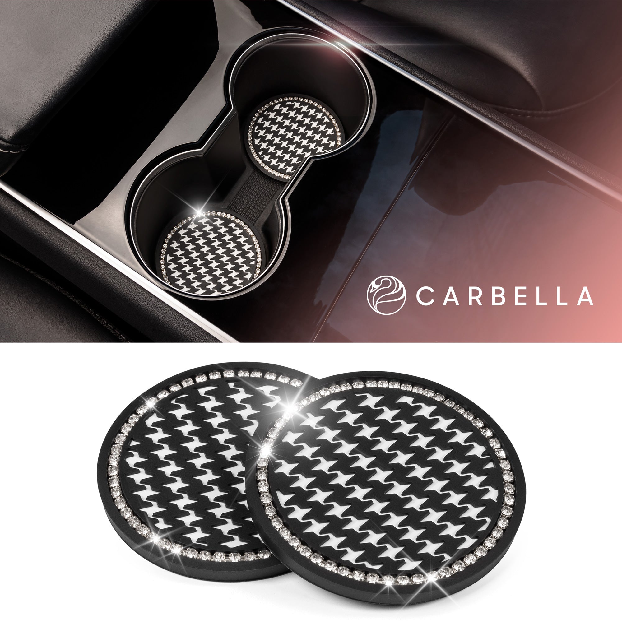 Carbella Houndstooth Bling Car Cup Coasters 2-Pack, Crystal Rhinestone Bling Coasters for Car, Stylish Automotive Coaster Car Accessories, Fits Most Cars Trucks Van SUV, Black (CBAC5332)