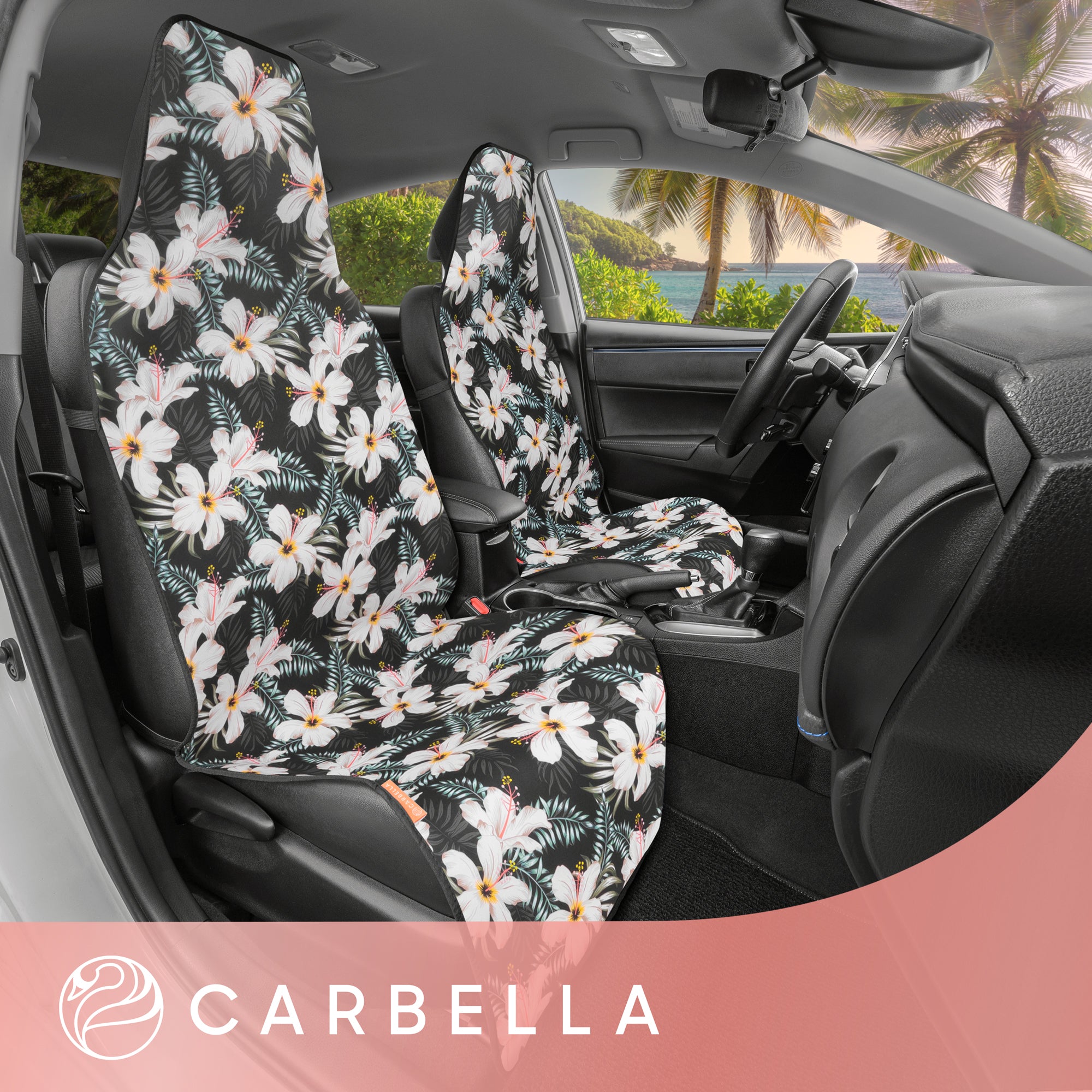 Carbella White Tropical Floral Car Seat Covers, 2 Pack Flower & Palm Leaves Front Seat Covers for Cars Trucks SUV, Car Accessories for Women