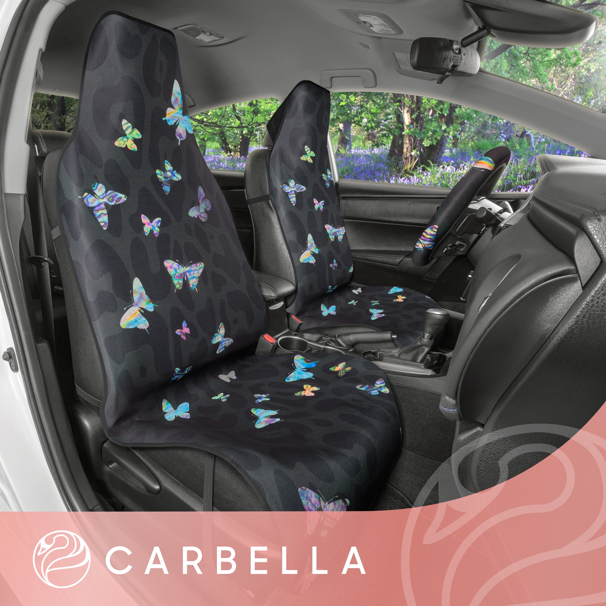 Carbella Black Leopard & Butterfly Car Seat Covers, 2 Pack Animal Print Front Seat Covers for Cars Trucks SUV, Car Accessories for Women