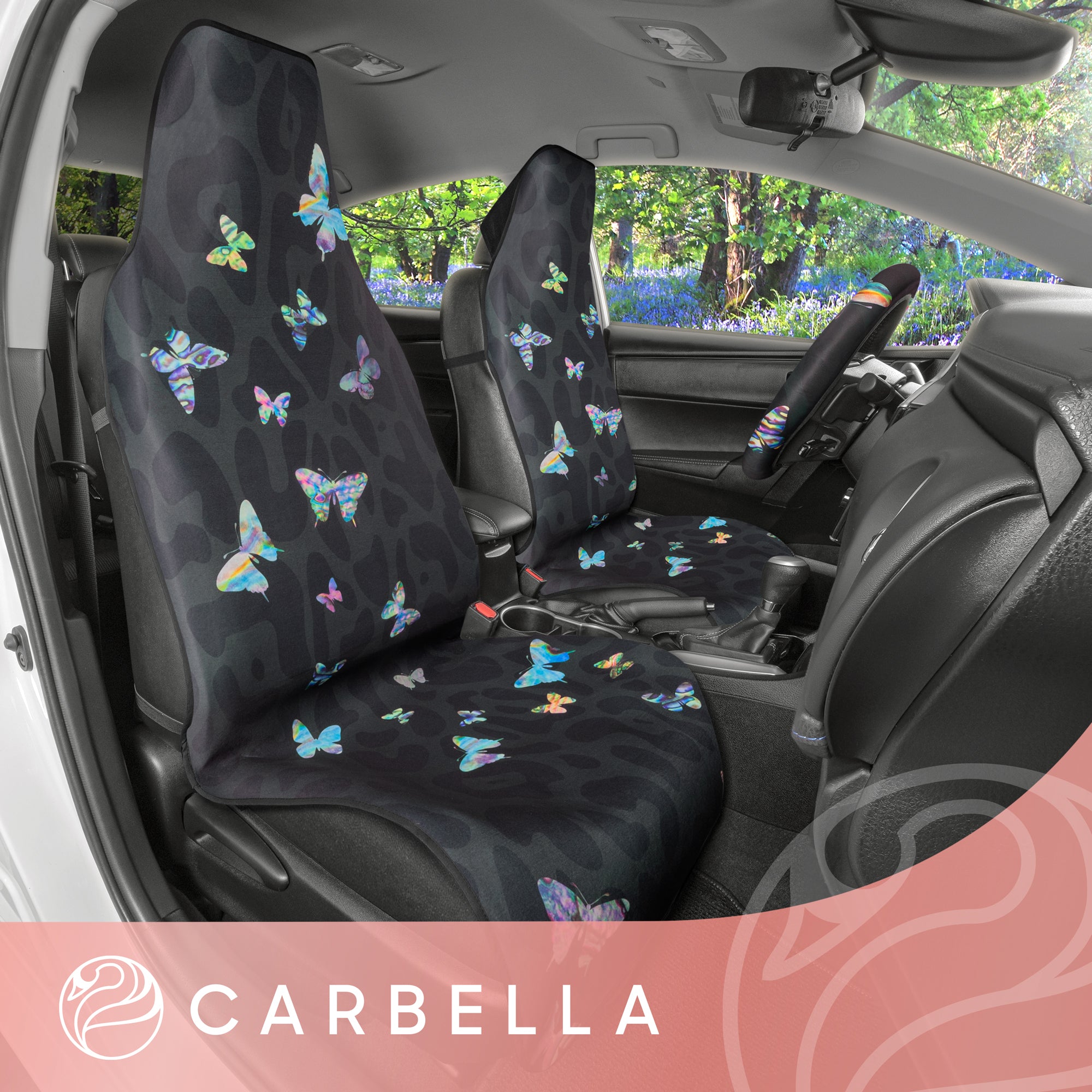 Carbella Black Leopard & Butterfly Car Seat Covers, 2 Pack Animal Print Front Seat Covers for Cars with Matching Steering Wheel Cover, Cute Automotive Interior Covers for Trucks Van SUV