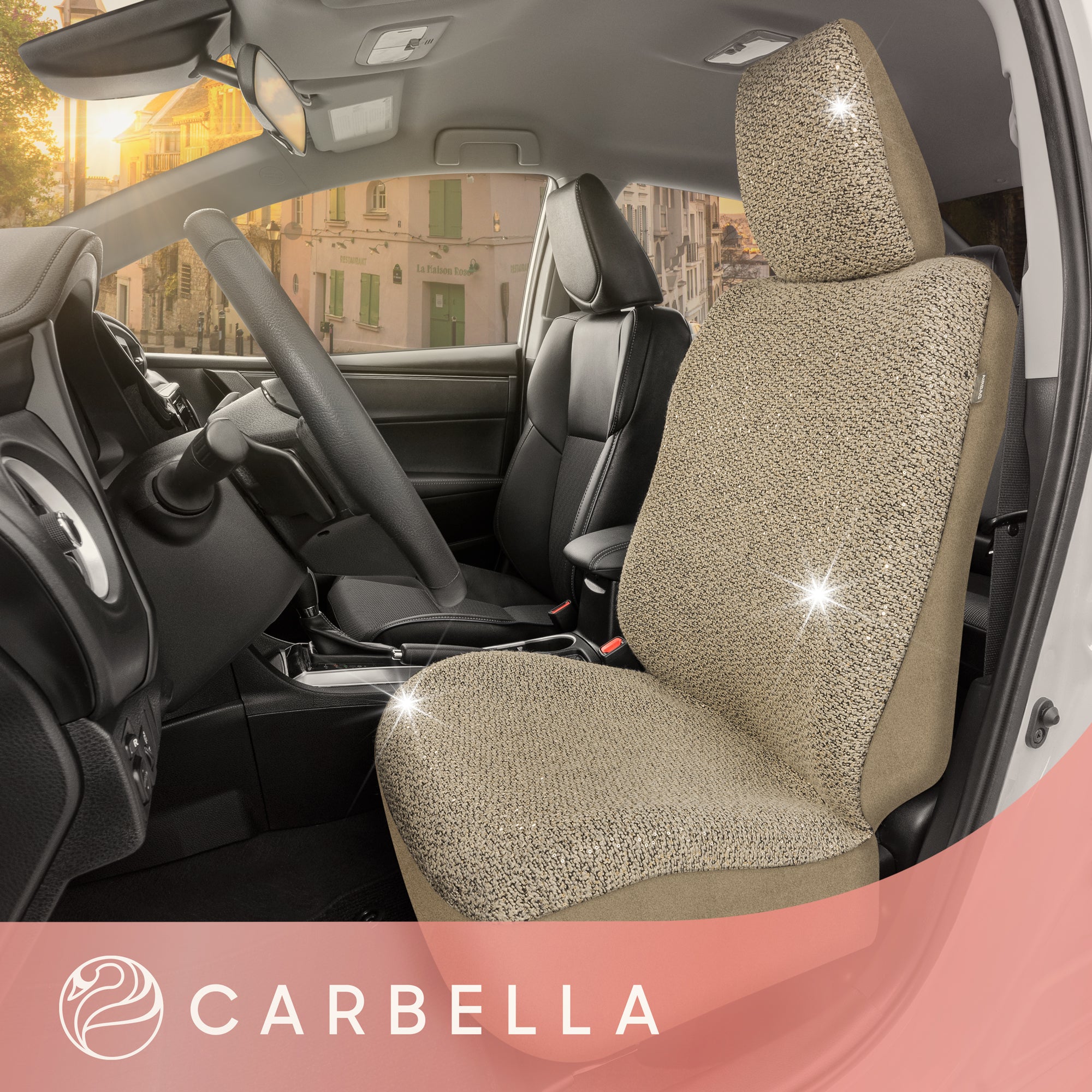 Carbella Sequin Tweed Bling Car Seat Cover, 1 Piece Beige Seat Cover for Cars with Shiny Bling Detail, Cute Automotive Interior Protector for Trucks Van SUV, Car Accessories for Women