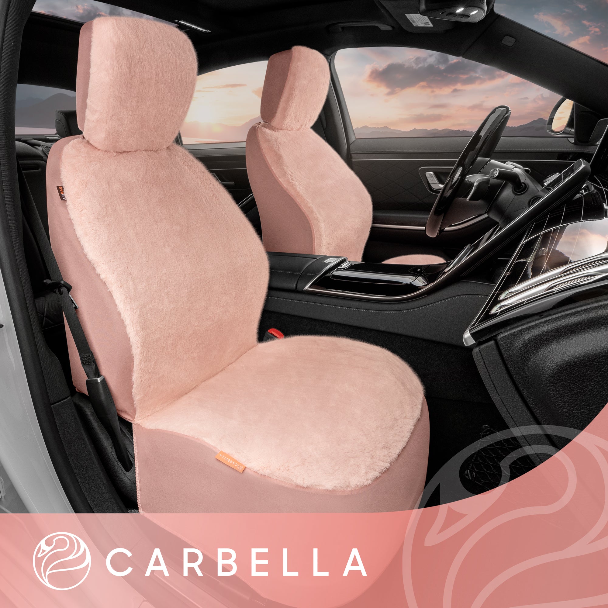 Carbella Sheepskin Car Seat Covers for Women, 2-Pack Faux Fur Car Seat Covers Front Seats Only, Cute Automotive Seat Covers For Cars for Women, Car Accessories for Women (Soft Pink)
