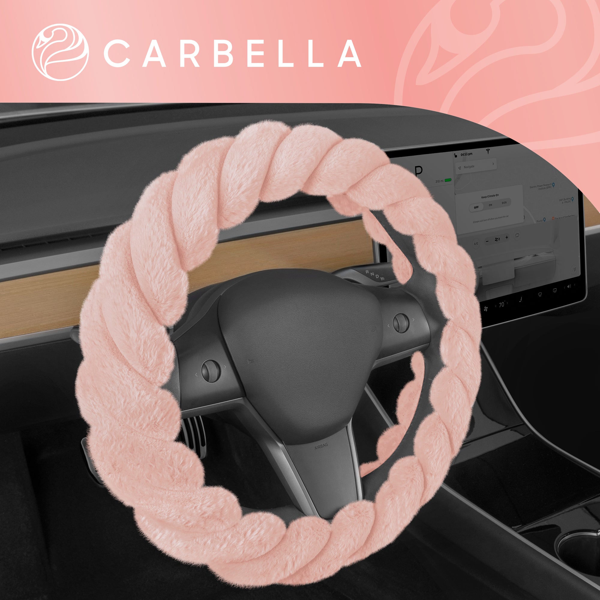 Carbella Twisted Fur Soft Pink Steering Wheel Cover, Standard 15 Inch Size Fits Most Vehicles, Fuzzy Fluffy Car Steering Cover with Soft Faux Fur Touch, Car Accessories for Women