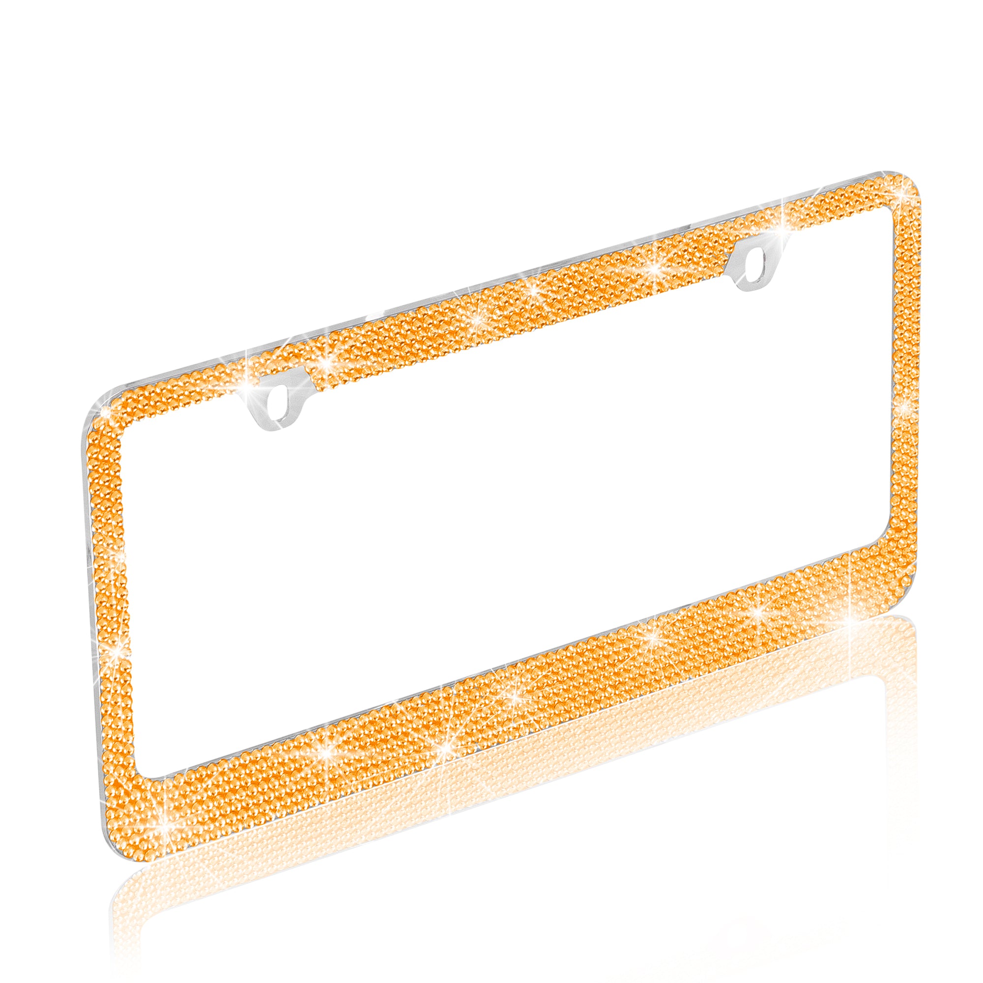 Stainless Steel Yellow Gold Sparkly Sparkling Diamond Crystal Bling Premium License Plate Frame Metal Silver Rhinestone for Women Universal Size for Car Truck SUV (Pack of 2)