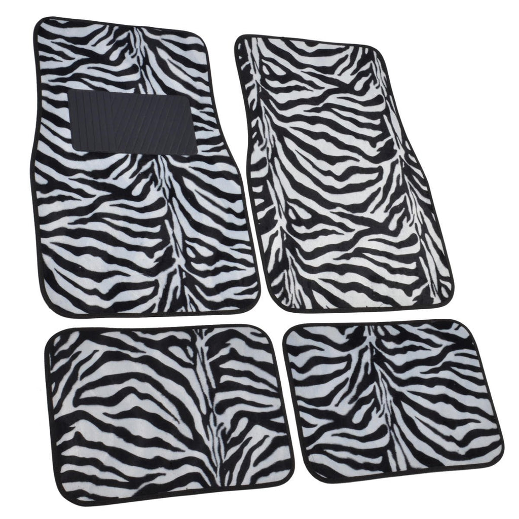 BDK Animal Print Zebra Fur Carpet Floor Mats 4 Piece Front & Rear