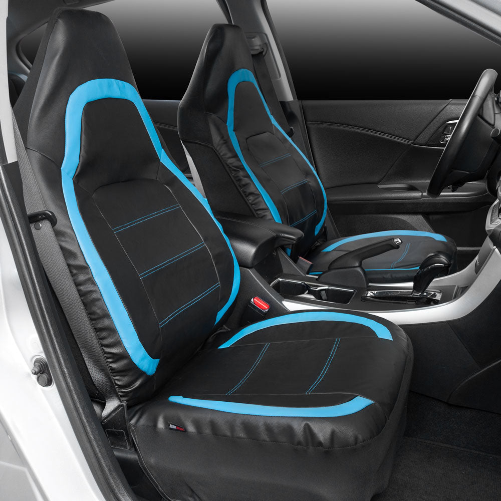 Motor Trend Blue Faux Leather Car Seat Covers for Front Seats – Premium High Back Automotive Seat Covers, Made for Vehicles with Integrated Fixed Headrests, Fits Most Car Truck SUV