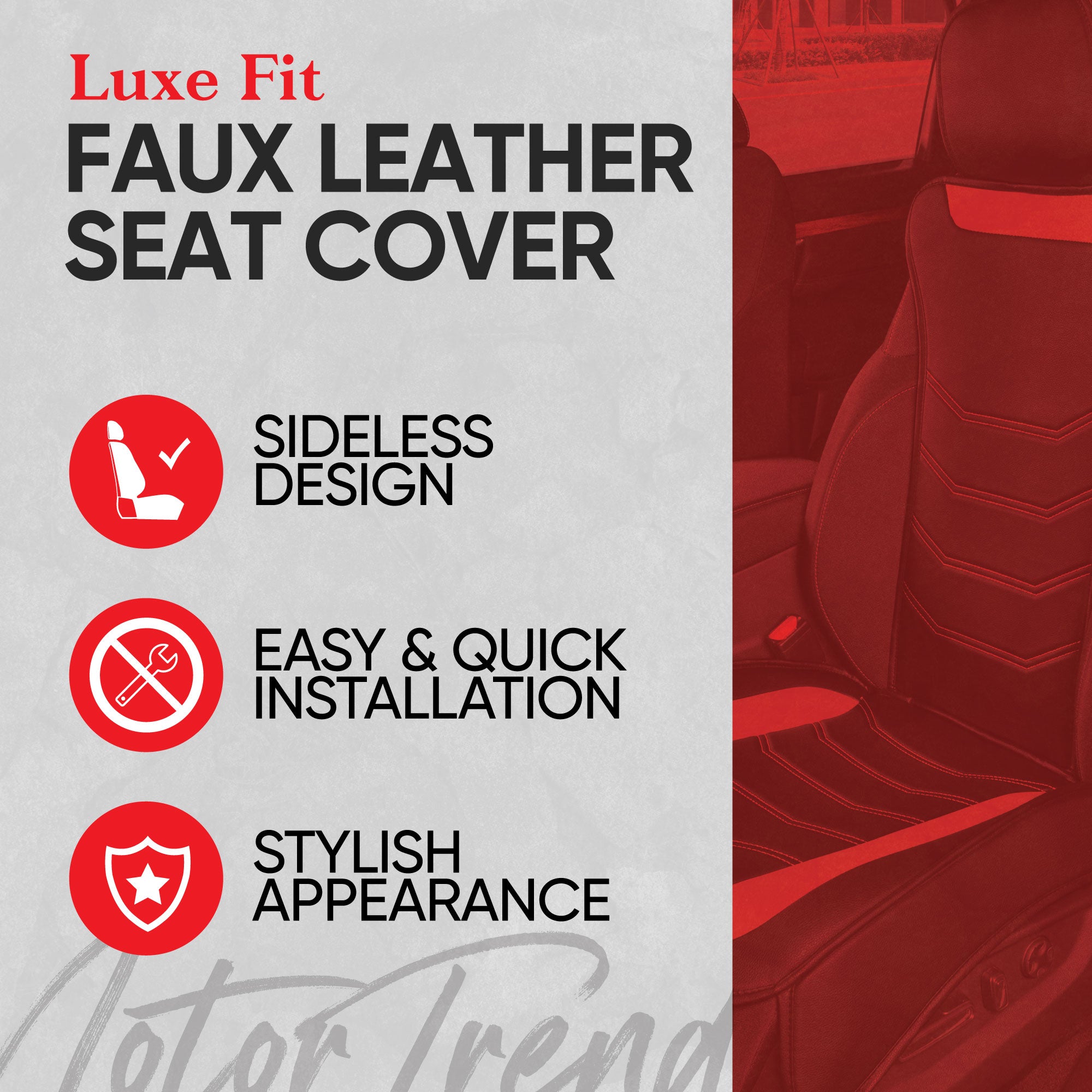 Motor Trend LuxeFit Red Seat Cover for Cars Trucks Van SUV (1 Piece), Premium Faux Leather Car Seat Cover, Easy to Install Automotive Seat Cover with Storage Pockets, Fits Most Vehicles