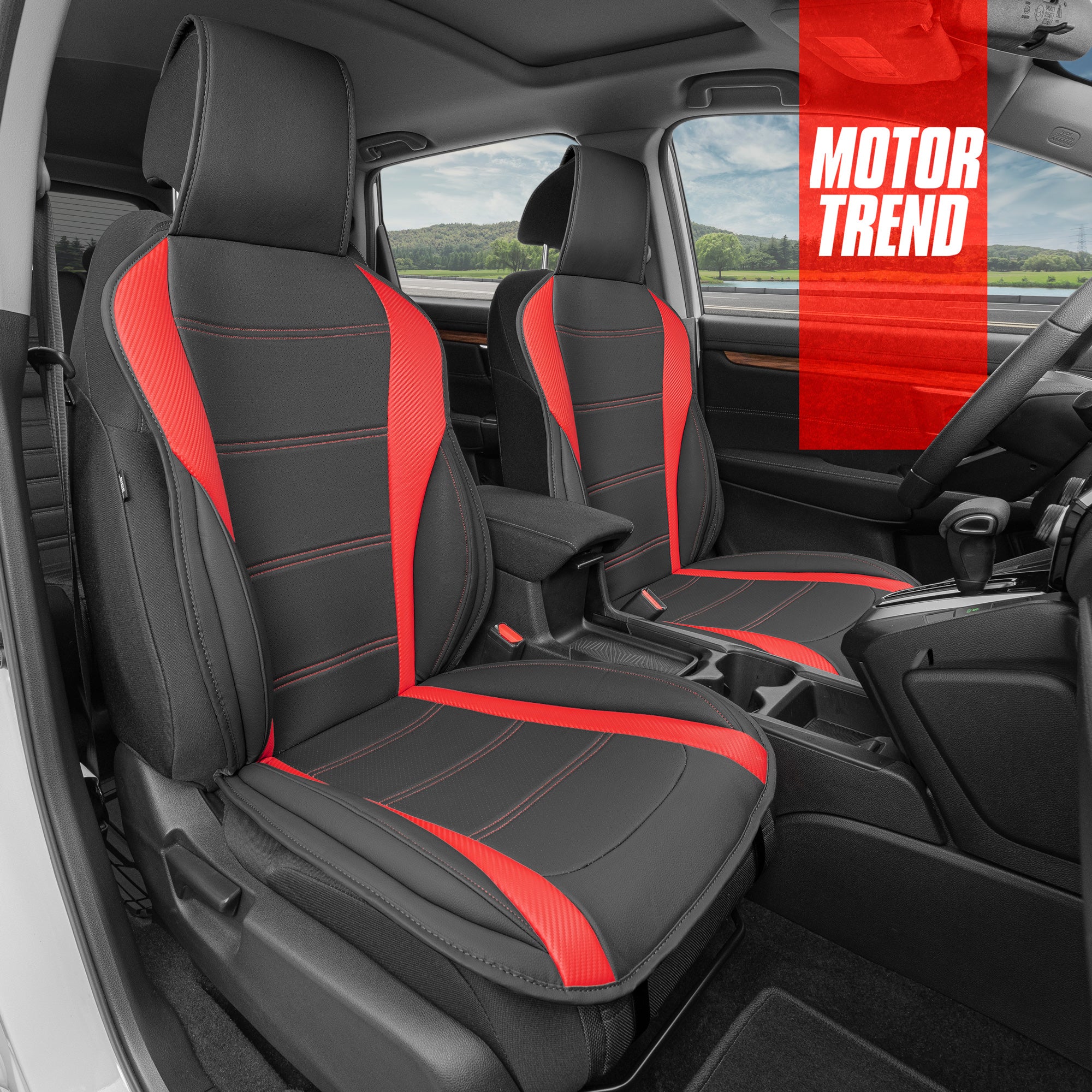 Motor Trend ComfortDrive Red Faux Leather Front Seat Covers for Car Truck Van & SUV, 2 Piece Set – Ergonomic Padded Seat Cushions for Front Seats with Carbon Fiber Accents, Car Interior Covers