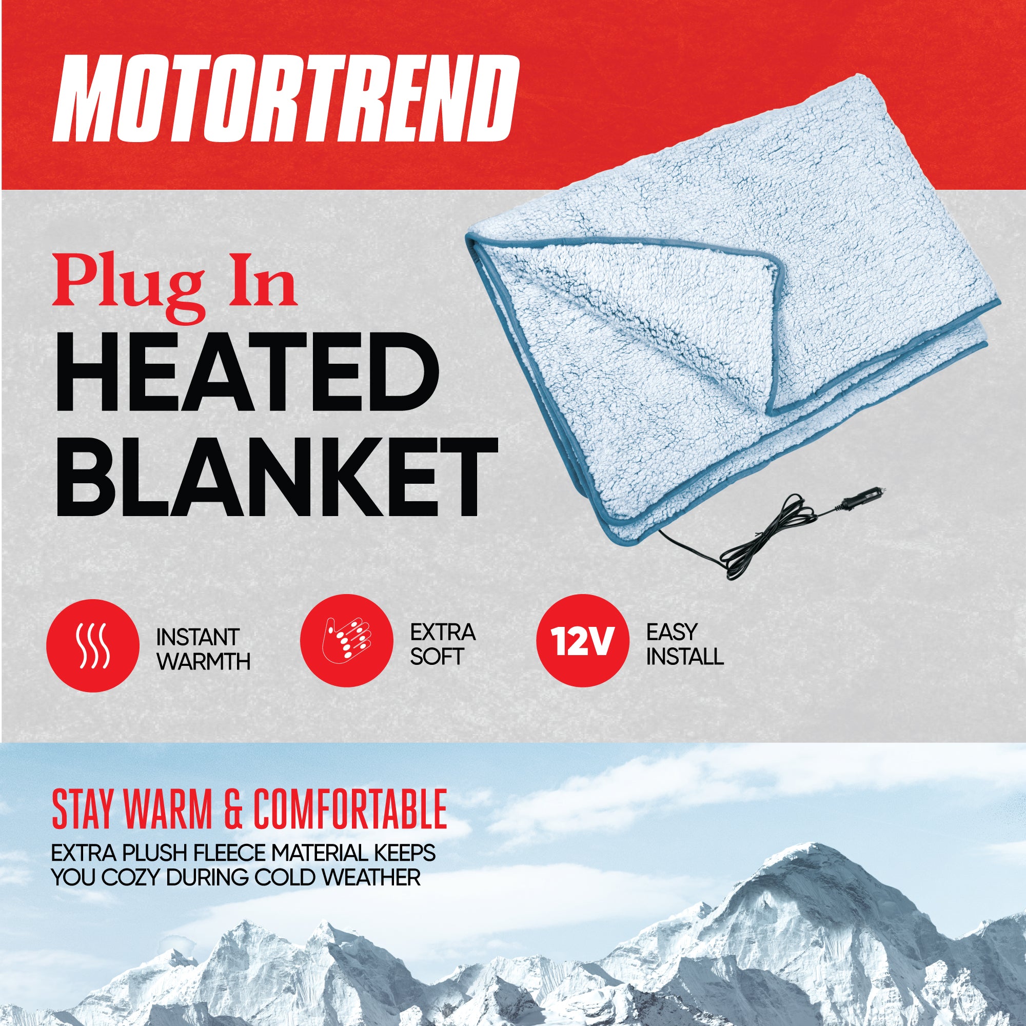 Motor Trend 12V Heated Blanket for Car, Gray – Full-Size Heated Car Blanket with Quick Warming Action, Plush Fleece Electric Car Blanket with 78” Long Cable, Ideal Car Heated Blanket for Cold Weather