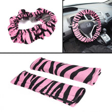 Load image into Gallery viewer, carXS Zebra Print Car Seat Covers Full Set, Includes Matching Seat Belt Pads and Steering Wheel Cover, Two-Tone Animal Print Pink Seat Covers for Cars for Women, Car Seat Protector Interior Covers