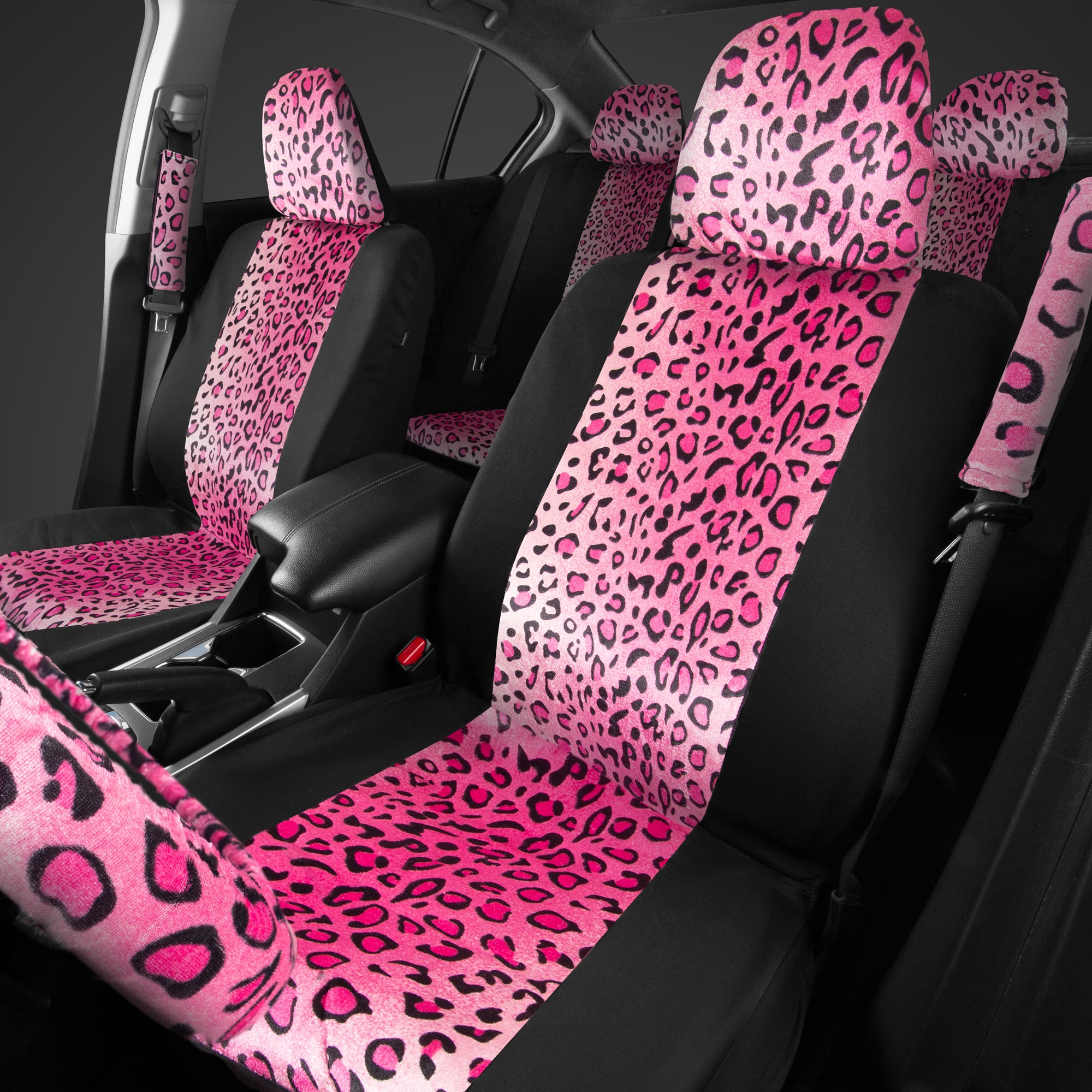 carXS Leopard Print Car Seat Covers Full Set, Includes Matching Seat Belt Pads and Steering Wheel Cover, Two-Tone Cheetah Hot Pink Seat Covers for Cars for Women, Car Seat Protector Interior Covers