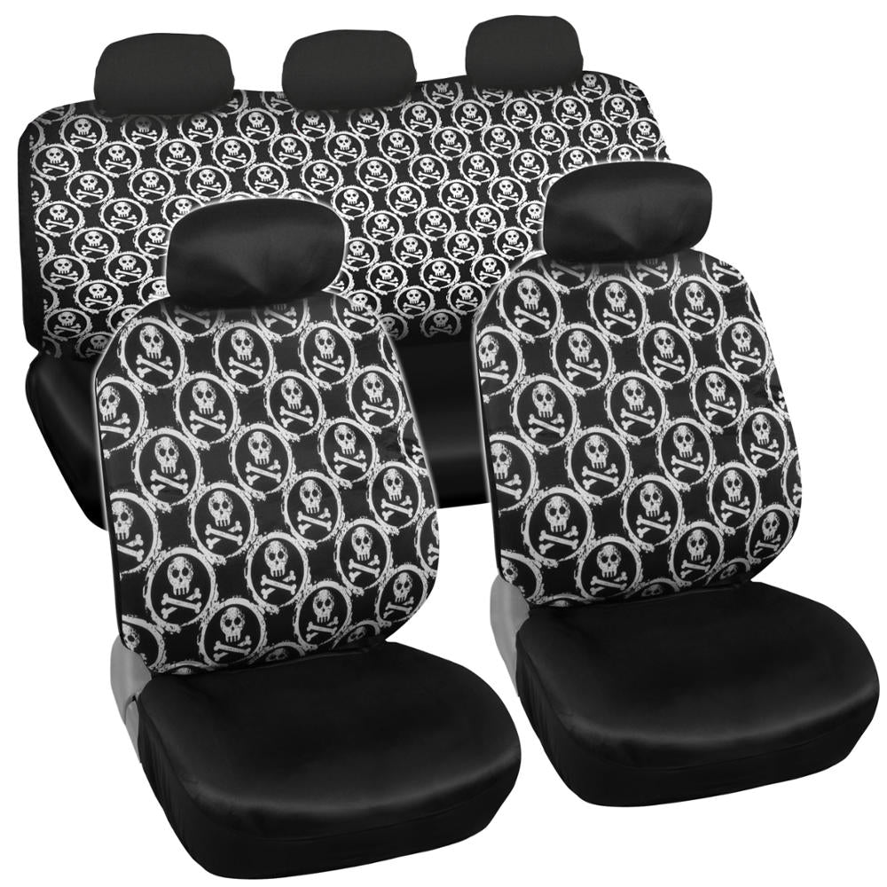 White Skull Pattern Full Car Seat Cover Set for Front and Rear (9pc) - Black/ White