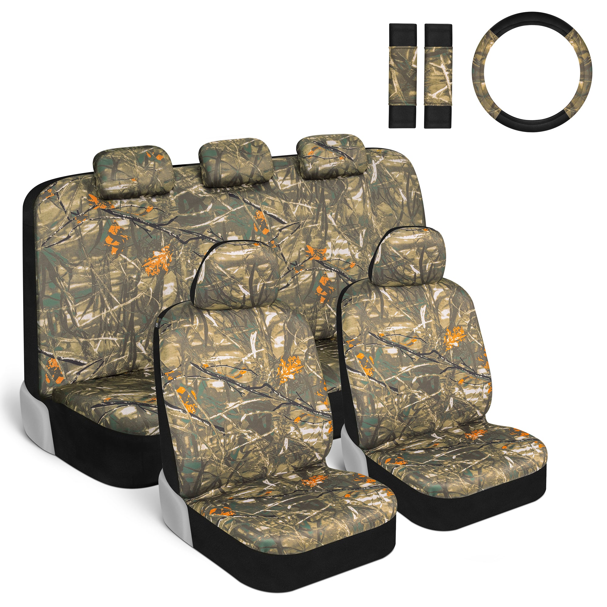 BDK Hunter Camo Car Seat Covers Full Set with Steering Wheel Cover and Seat Belt Pads – Real Mossy Tree Oak Forest Camouflage Pattern, Automotive Front & Bench Back Seat Cover for Cars Trucks SUV