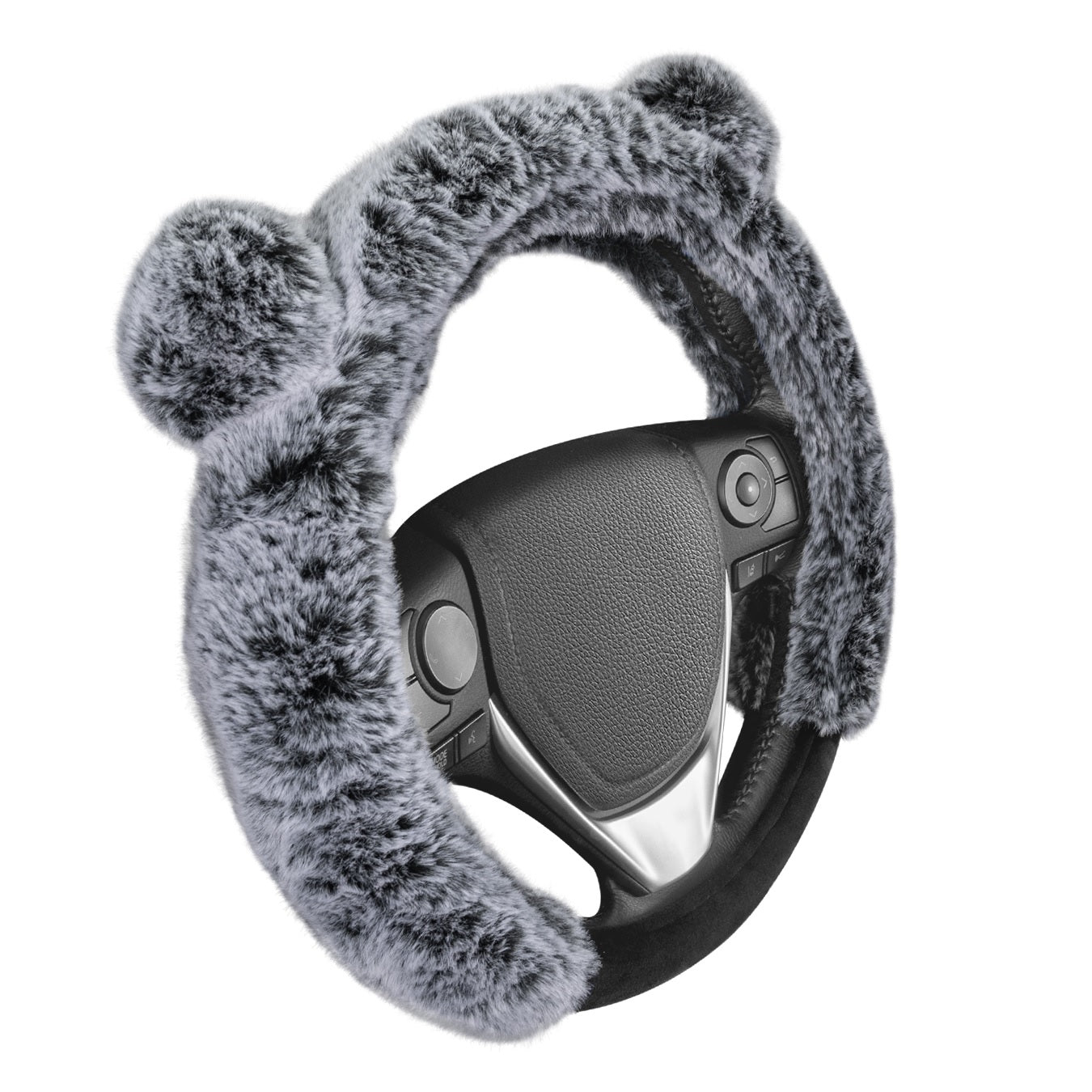 BDK Bear Fur Plush Steering Wheel Cover - Cute Faux Wool Protector for Women Girls Fits Wheels 14.5 - 15 inch Gray - with Ears
