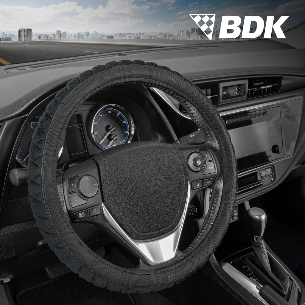 BDK GripTech Plush Fuzzy Steering Wheel Cover for Car Truck Van SUV, Standard 15 inch Size, Soft Black Fluffy Exterior, Comfortable Ergonomic Car Steering Wheel Cover