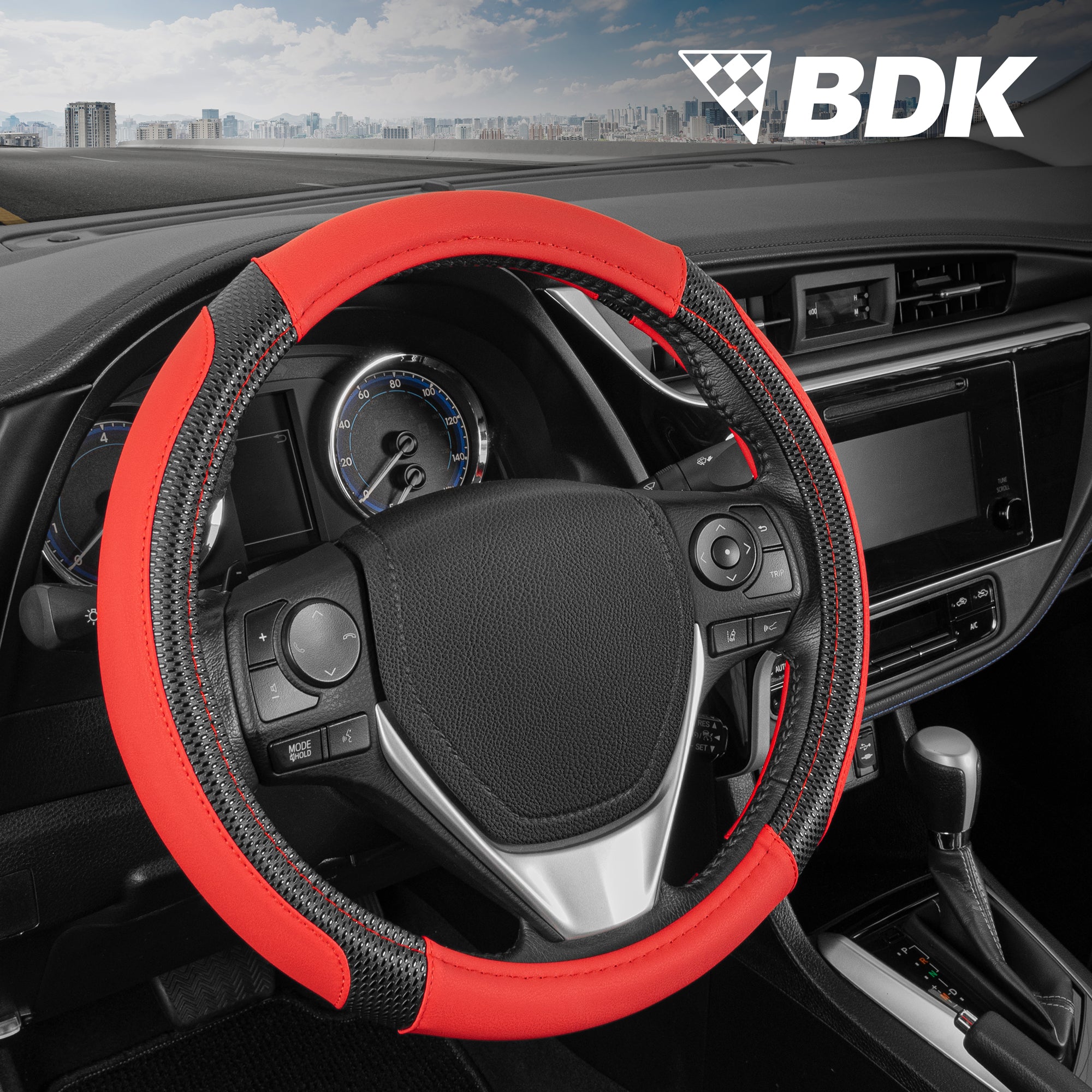 BDK GripTech Sport Red Steering Wheel Cover for Car Truck Van SUV, Standard 15 inch Size, Two-Tone Advanced Traction Grip, Comfortable Ergonomic Car Steering Wheel Cover