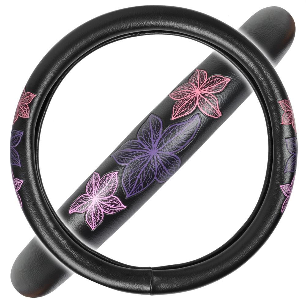 BDK GripGrab Comfort Grip - Purple & Pink Flowers Design on Black Synthetic Leather Steering Wheel Cover 15" - SW-538_AM