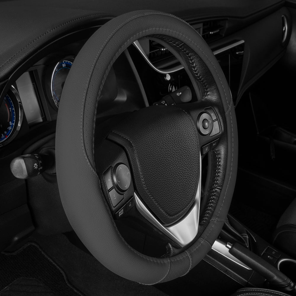 BDK Comfort Grip Perforated Microfiber Leather Steering Wheel Cover, Fits Wheels 14.5 - 15 Inch Diameter Gray
