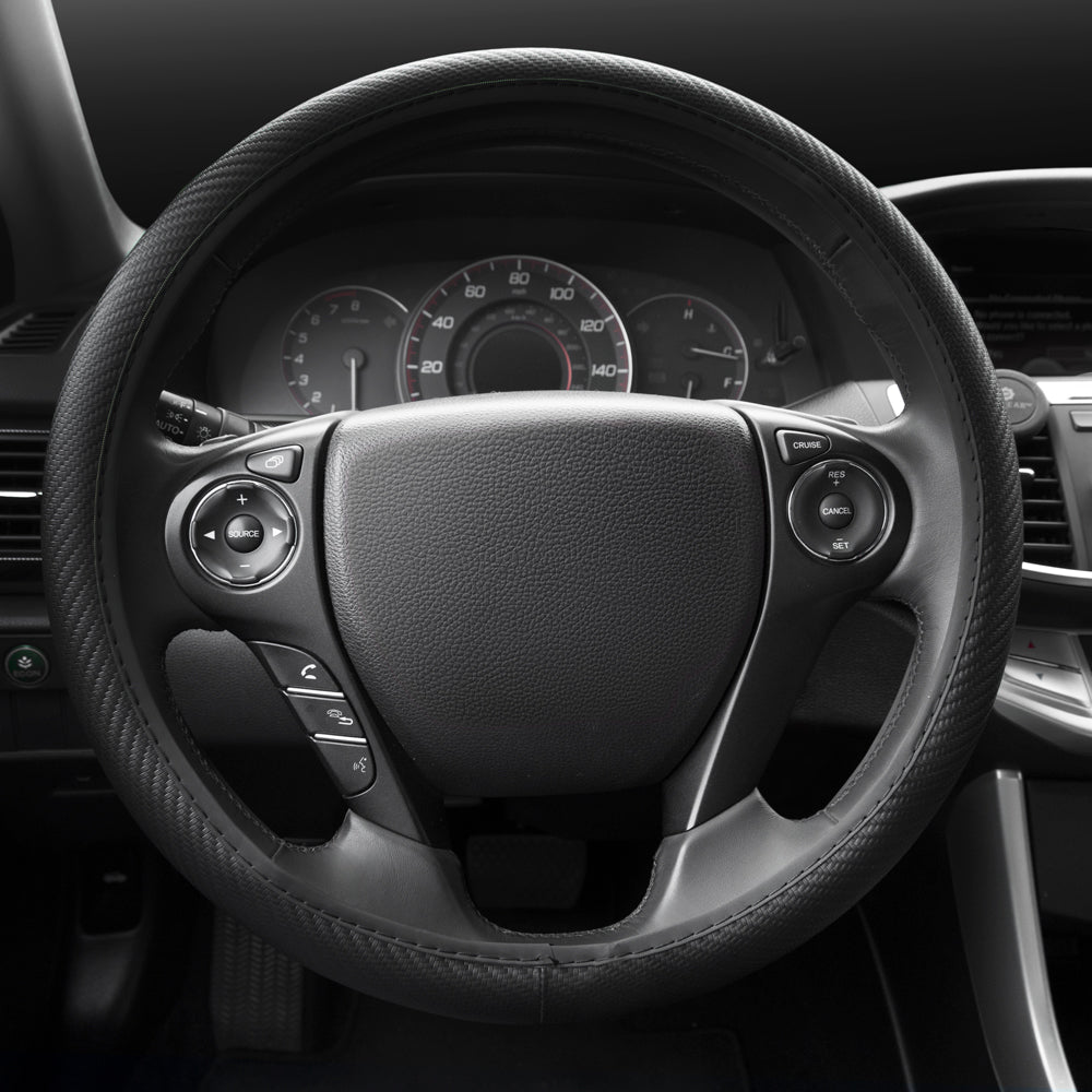 BDK All Black Carbon Fiber UltraSport Series Steering Wheel Cover-Synthetic Leather Perforated Design & Stitching