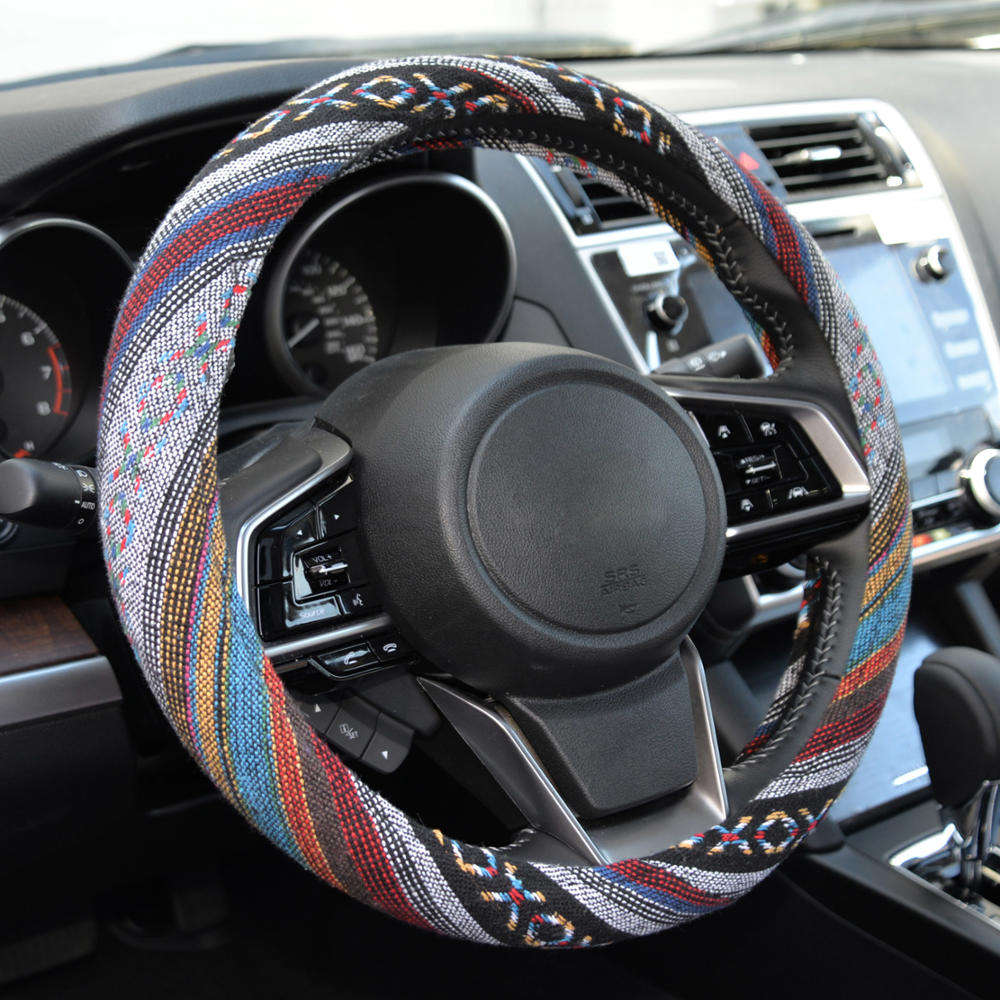 BDK Blue Woven Saddle Blanket Steering Wheel Cover for Cars SUV Van Truck Auto - Driver Grip 15 inch