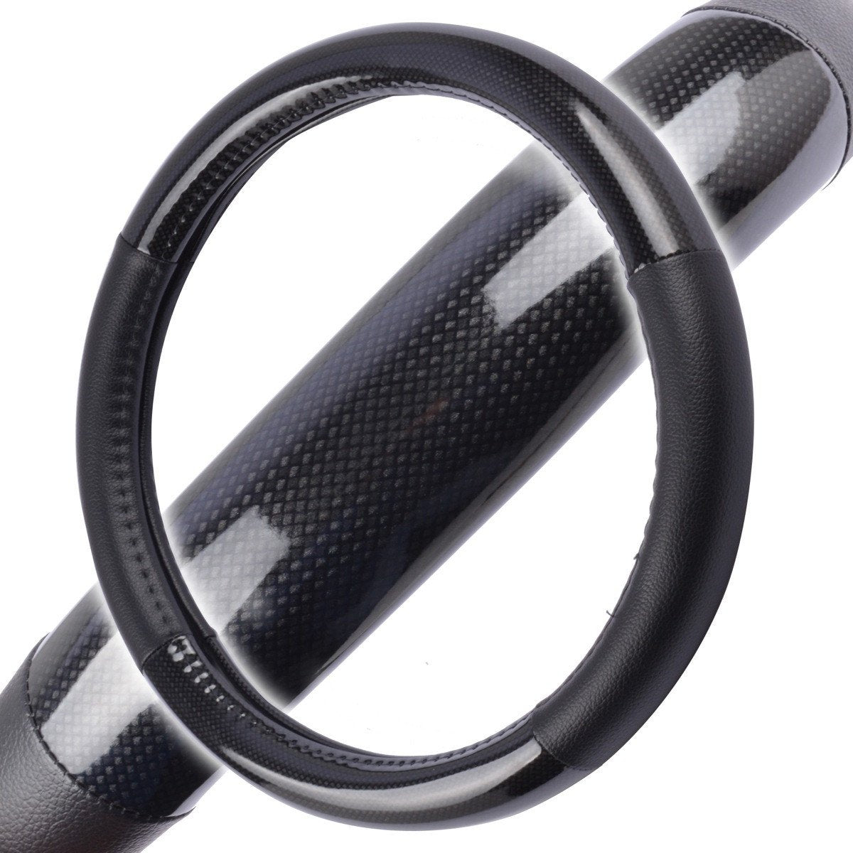 BDK Carbon Fiber Steering Wheel Cover White Vinyl with Fiber Accent - Black Carbon, 14.5 - 15 inch