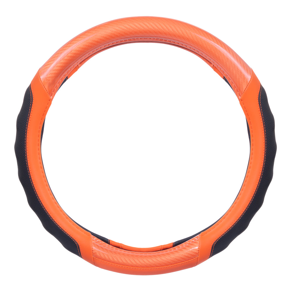 Motor Trend UltraSport Orange Carbon Fiber Steering Wheel Cover, Standard 15 inch Size, Black Faux Leather Comfort Grip, Car Steering Wheel Cover for Auto Truck Van SUV