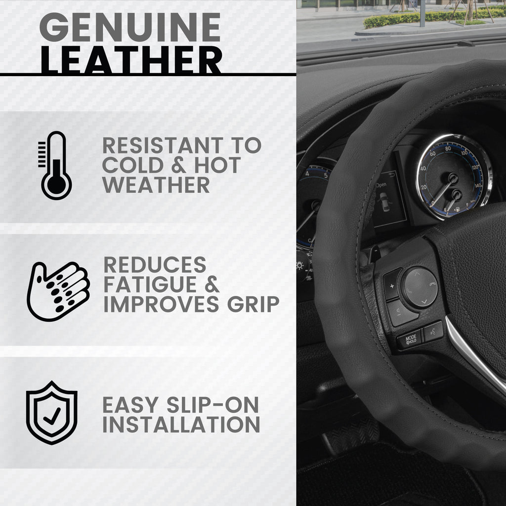 BDK Genuine Leather Ergonomic Non-Slip Grip Car Steering Wheel Cover Standard Size 14.5 to 15 inch