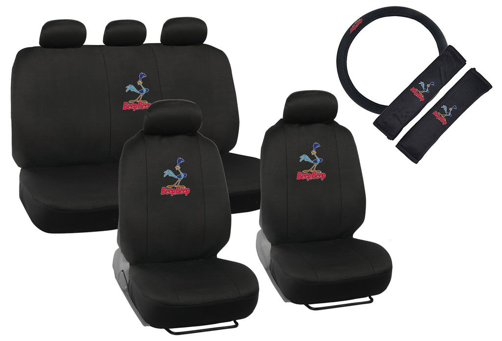 Road Runner Looney Tunes Car Seat Covers Full Front and Rear Set (9pc) - Black/ Blue