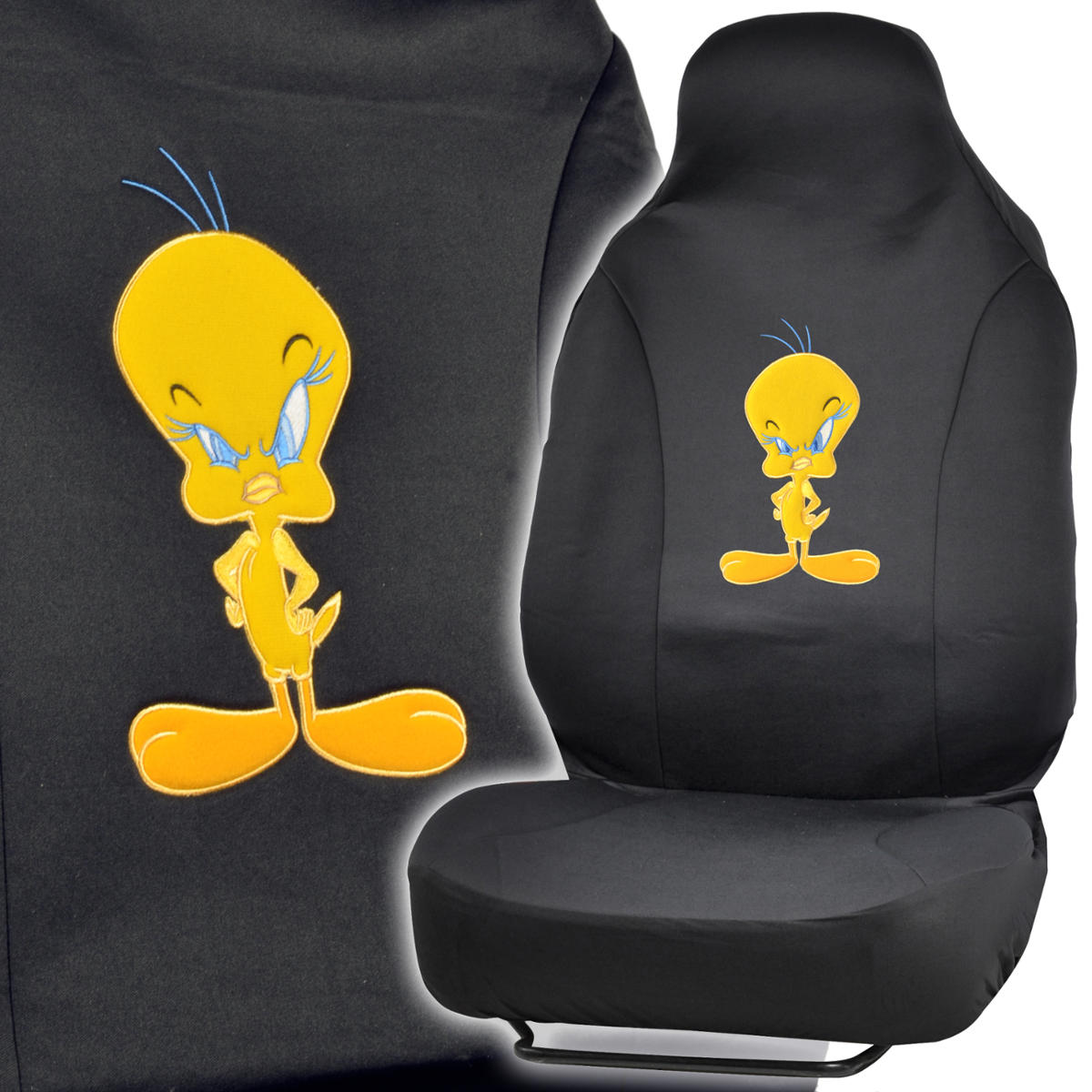 Sassy Tweety Bird Front Car Seat Covers for High-Back Bucket Seats (2pc) - Black/ Yellow