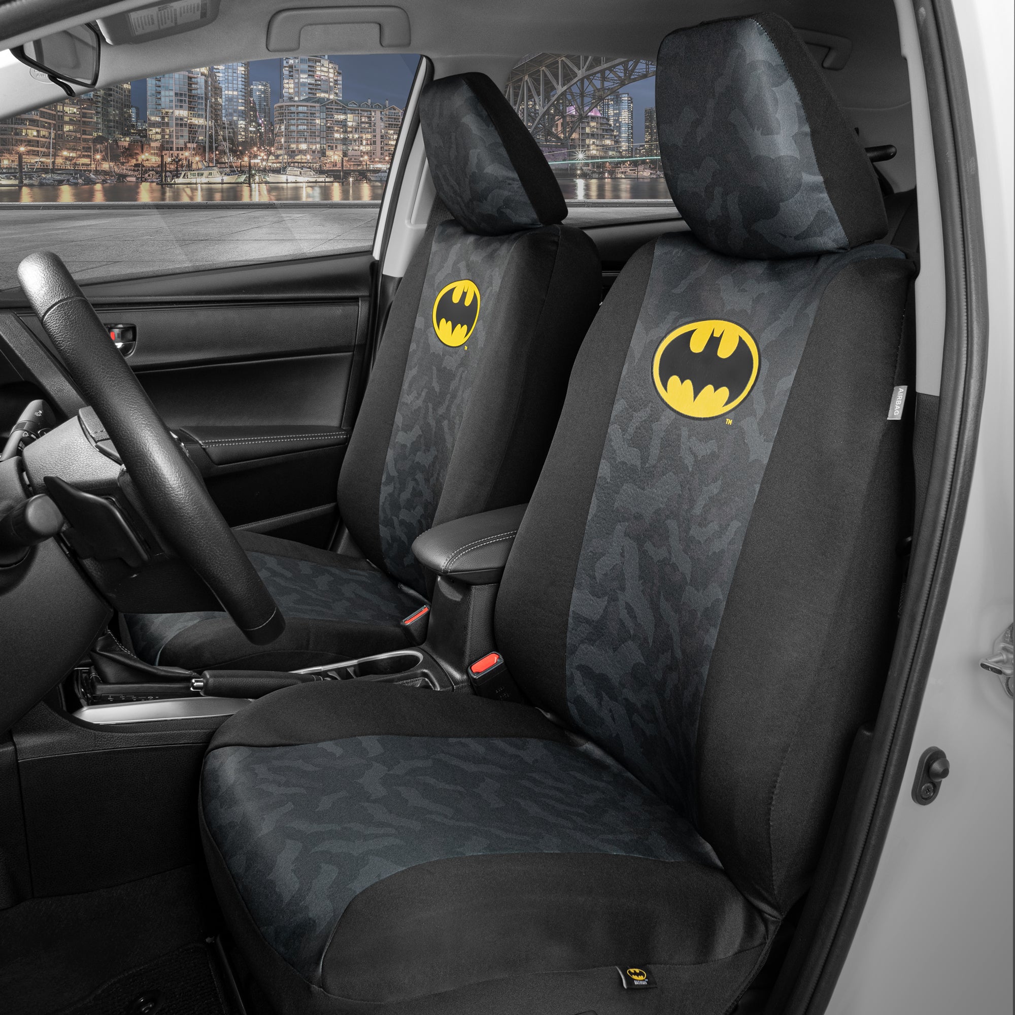 Batman Car Seat Covers for Front Seats with Matching Seat Belt Pads – Officially Licensed Warner Brothers Superhero Auto Accessories Bundle, Made for Car Truck Van and SUV